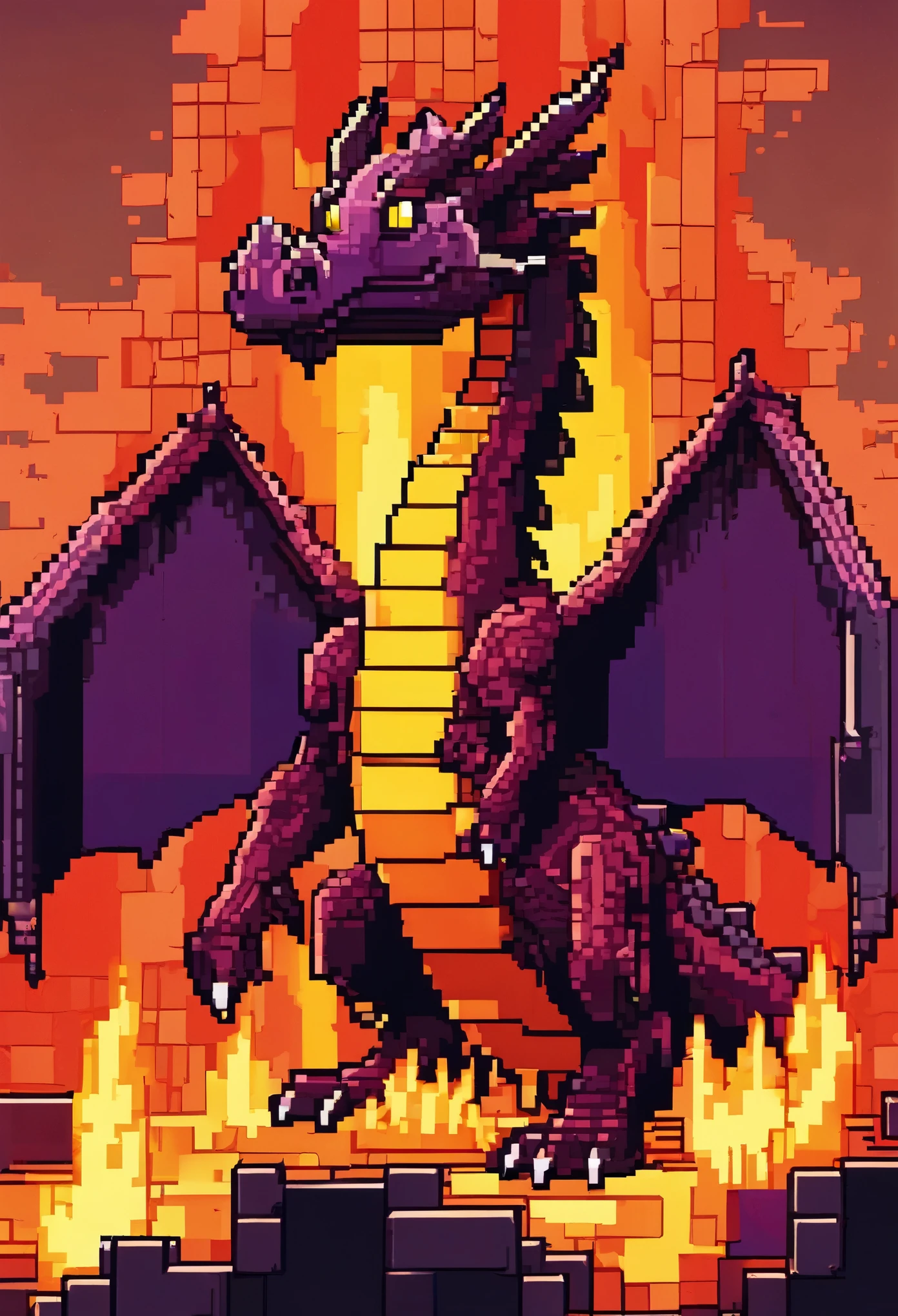 A pixel art dragon (blocky) breathes fire, a video game title in the flames