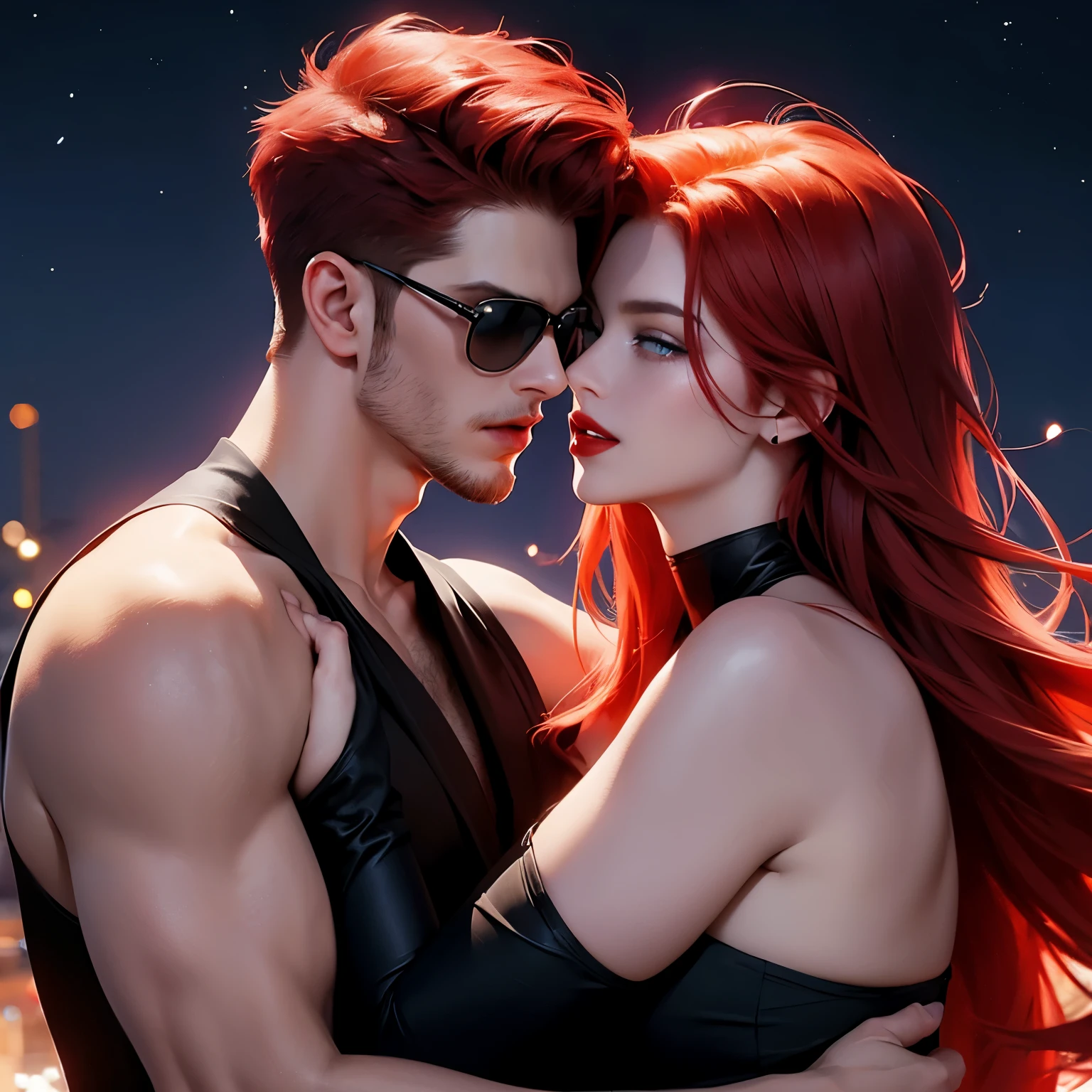 man with red hair, blue eyes, wear sunglasses, shaved beard, and a black suit. Hug and kiss the red-haired woman, blue eyes, red lipstick, Wearing a strapless top and a night background with stars floating in the sky. Make your face perfect. Details are clear.. Up to 8K resolution, masterpiece, high art, laugh.