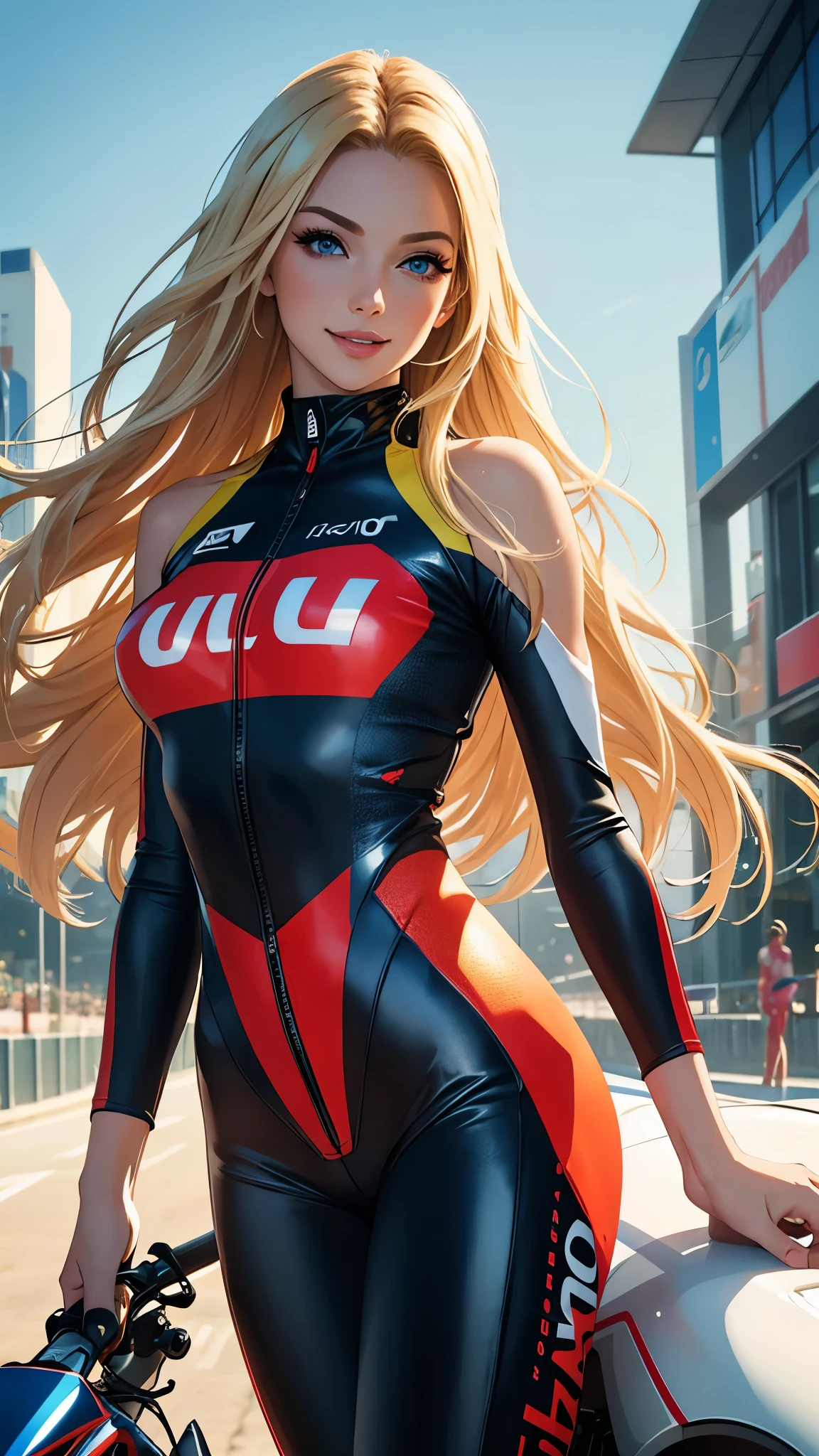 highest quality, long blonde hair, high school girl, Racecourse, Tokyo Racecourse, (beautiful detailed racetrack background),Live singing on the grass at the racetrack,Uniform is white, Red eyes,smile,live,pose,microphone