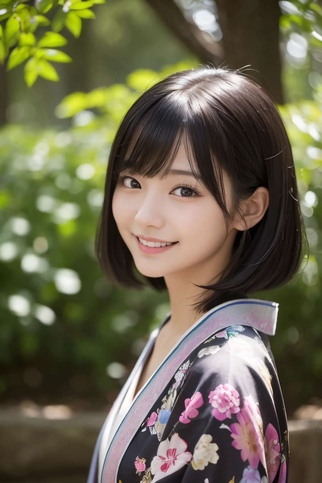(kimono)、Random pose、(top quality,Masterpiece:1.3,ultra high resolution,),(super detailed,Caustics),(realism:1.4,Original photography,)Ultra-realistic capture,a very detailed,High resolution 16k human skin closeup、 natural skin texture、、Skin looks healthy and even-toned、 Use natural light and color,1 girl,Japanese,kawaii,A black-haired one,Zhongfa,,Smile,,(depth of field、Color difference、、Wide lighting range、natural shadow、)、Half-length photo
