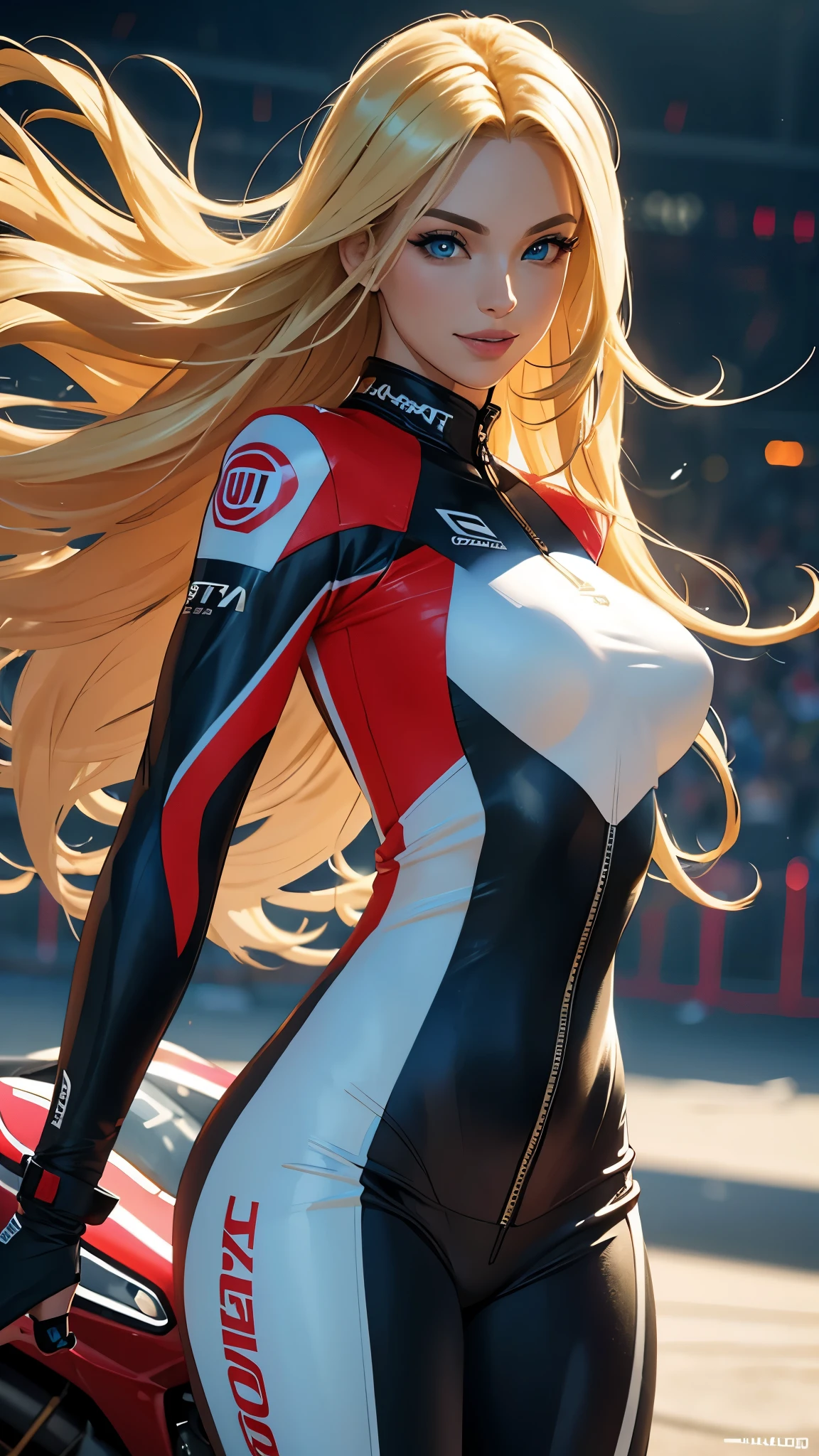 (best quality,ultra-detailed,photo-realistic:1.37),bright and vibrant colors,studio lighting,playful expression,stylish makeup,long blonde hair flowing in the wind,alluring eyes,glossy lips,sexy pose, Ducati, Racing Suit, smiling in a confident and seductive way,posing for a professional photoshoot,shallow depth of field,highlighting the main subject,soft natural lighting,creating a dreamy and magical atmosphere.
