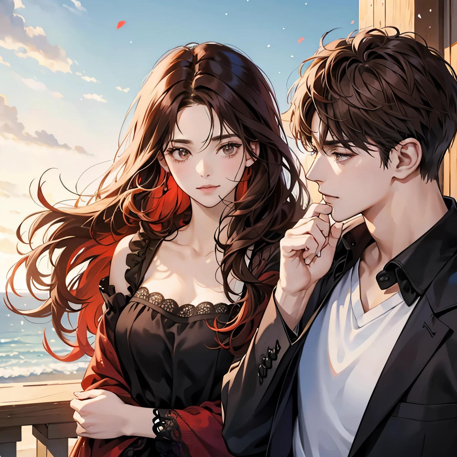 couple, 1 woman 1 man, different hair colors, Long reddish black hair, short brown hair, romance