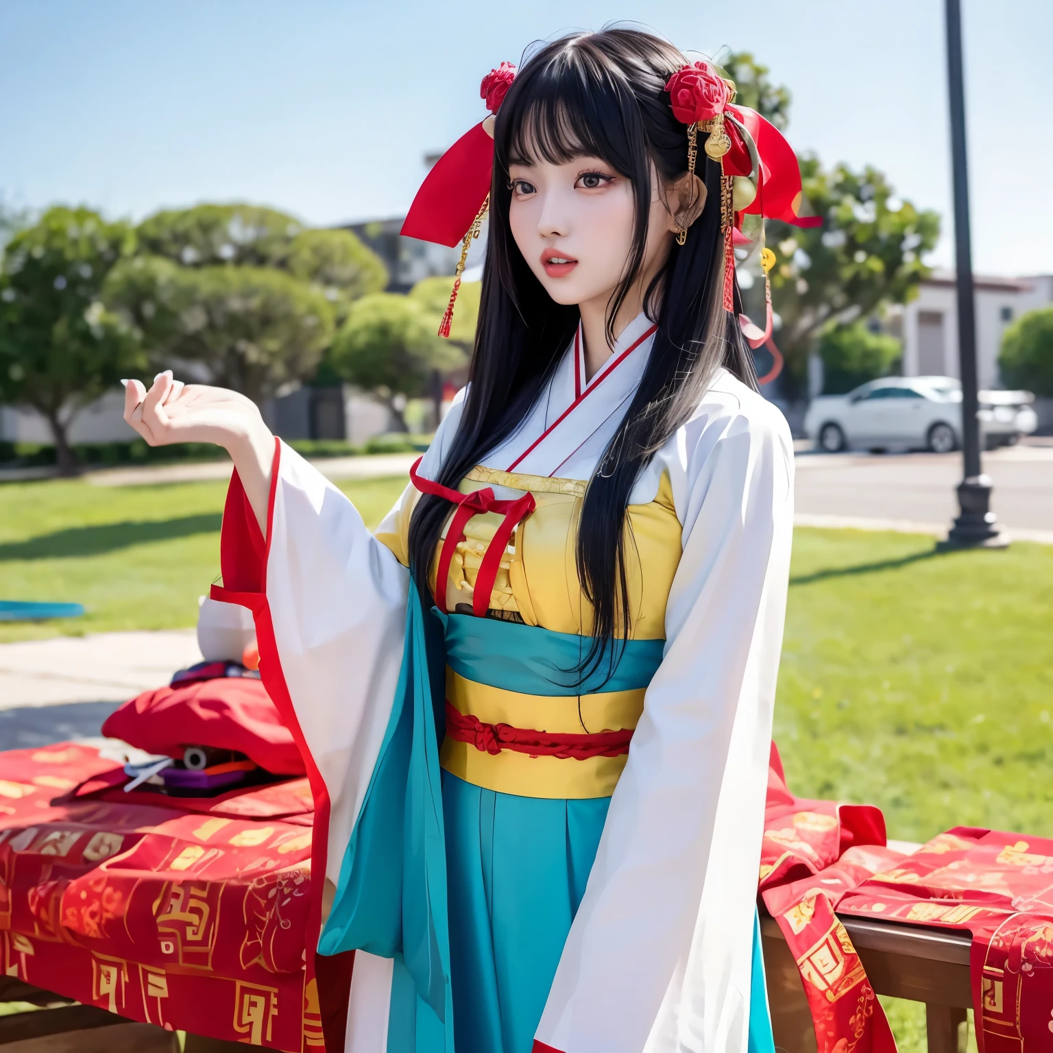 Hanbok and Vietnam dress as it would look if we merged it young woman complying with Korean standards