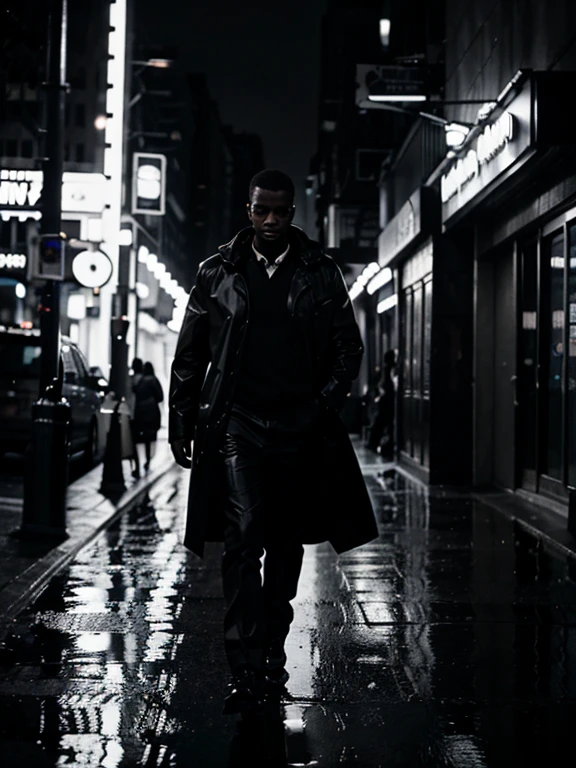 A black and white neo noir image of a man in a raincoat walking down a dark New York City street.