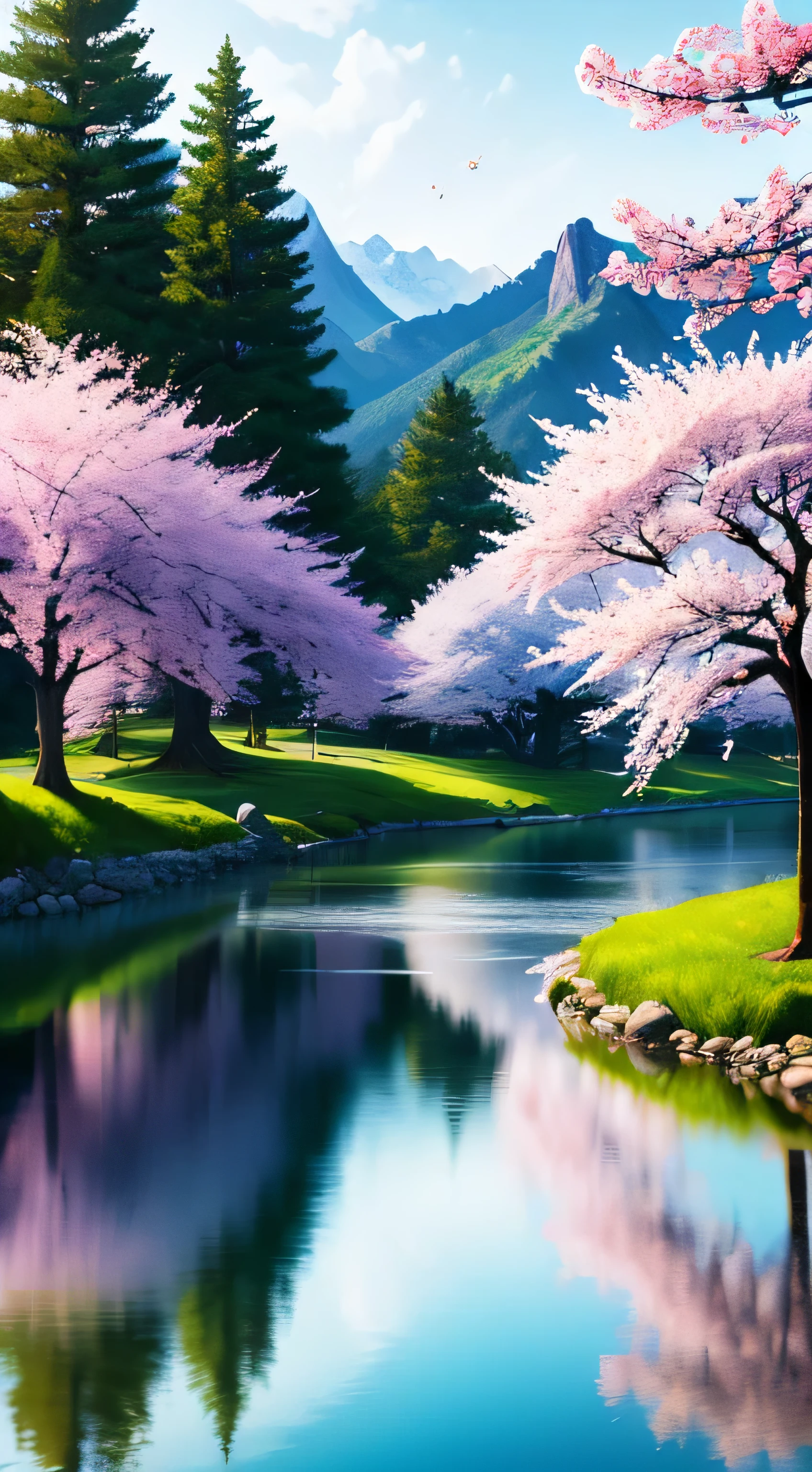 masterpiece, 最high quality, high quality,very detailed CG unity 8k wallpaper, A paradise-like place, village next to the mountain, beautiful lake , flowers, field , Depth of written boundary, HDR, bloom, chromatic aberration ,realistic,very detailed, art station trends, Trending on CGsociety, Complex, high detail, dramatic, art on the road、cherry blossoms、Landscape Size、