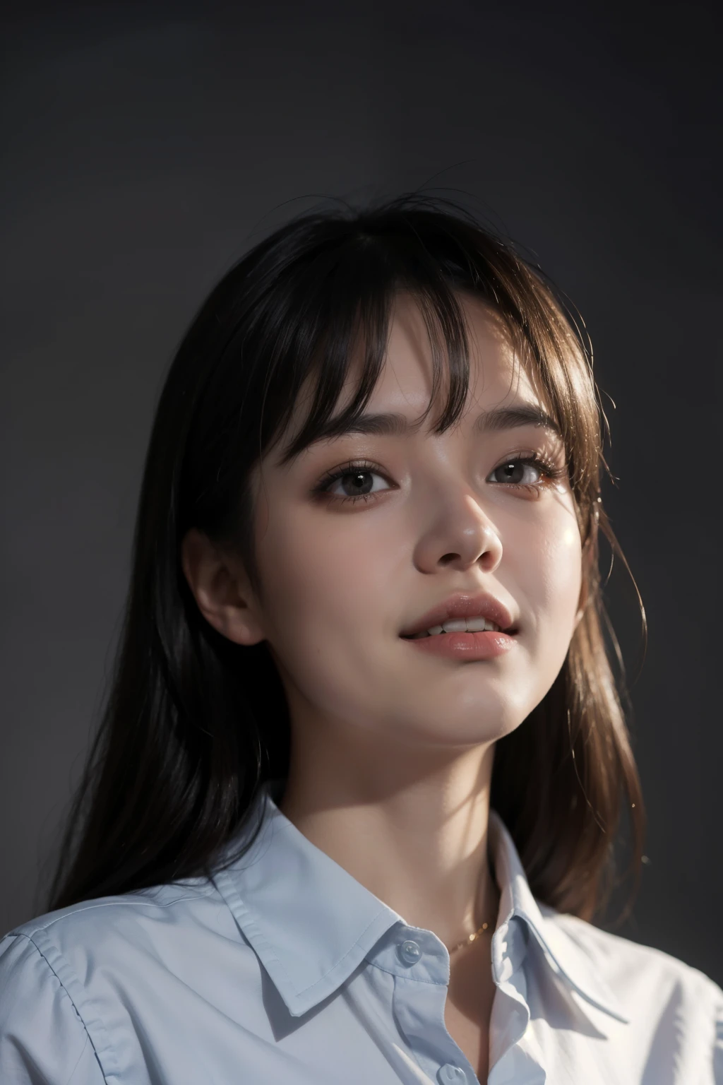 highest quality, masterpiece, (realistic:1.4), 1 girl, light smile, collared shirt, Upper body, dramatic lighting, from below