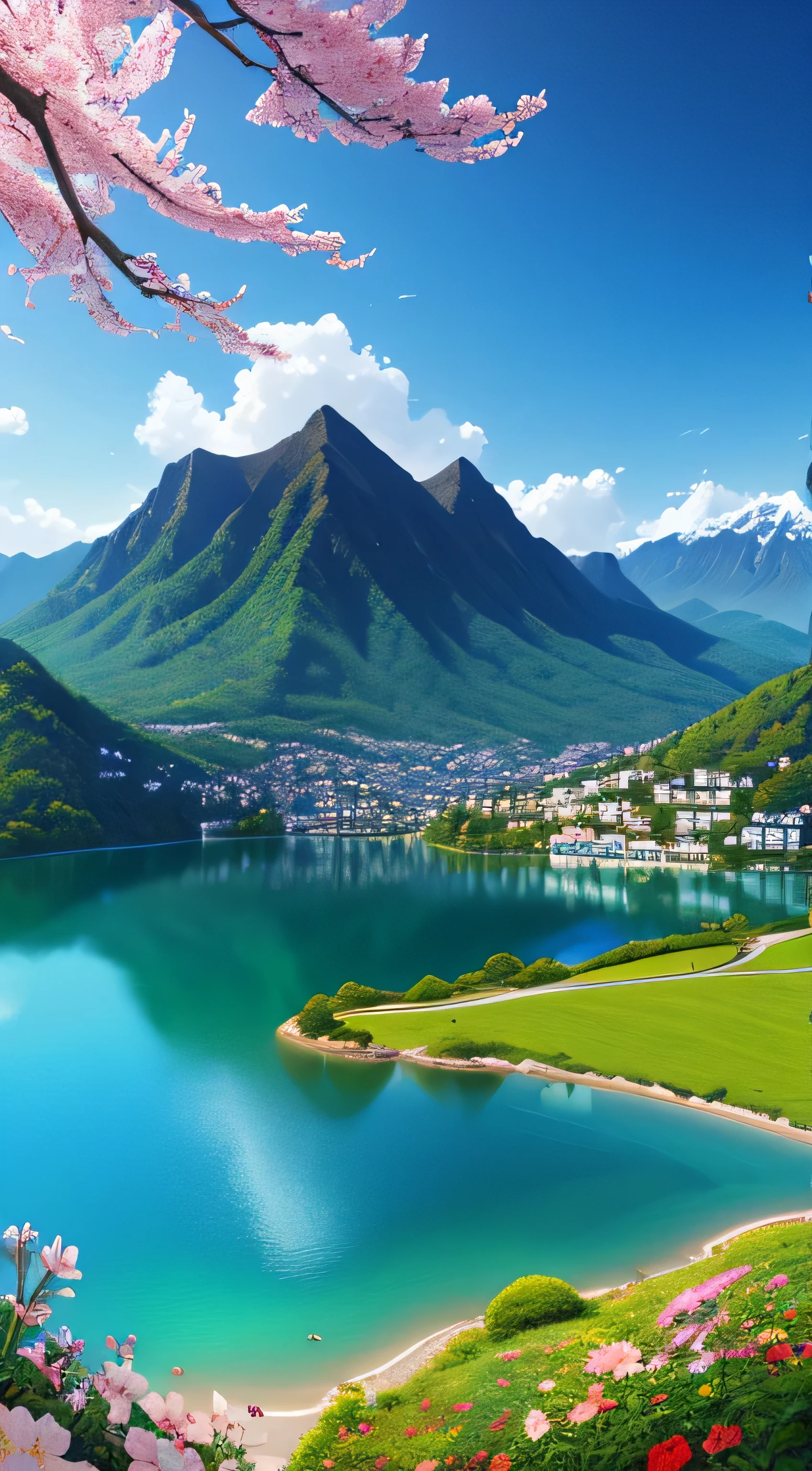 masterpiece, 最high quality, high quality,very detailed CG unity 8k wallpaper, A paradise-like place, village next to the mountain, beautiful lake , flowers, field , Depth of written boundary, HDR, bloom, chromatic aberration ,realistic,very detailed, art station trends, Trending on CGsociety, Complex, high detail, dramatic, art on the road、cherry blossoms、Landscape Size、