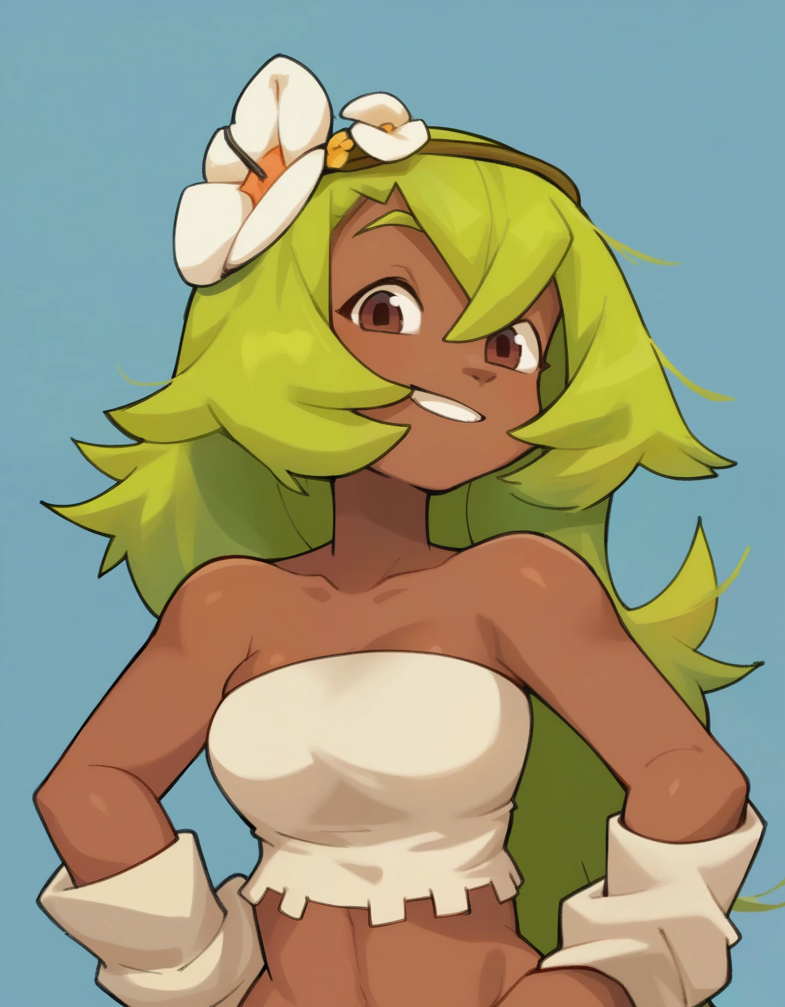 score_9, score_8_up, score_7_up, score_6_up, BREAK, source_cartoon, source_anime,
1girl, amaliayoung, green hair, long hair, hair flower, dark skin, bare shoulders, tube top,
upper body, smile, looking at viewer, solo, simple background 