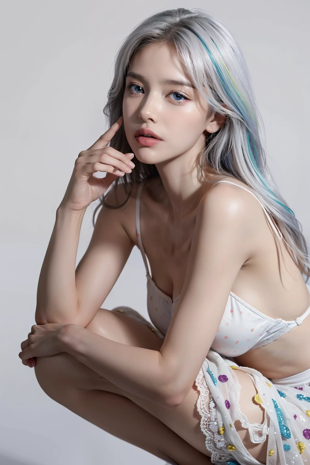 (chef-d'artwork, best quality: 1.2), (super detailed), (Illustration), super haute résolution, ultra delicate visage, delicate eyes, pupilles bleues, Finger details, fond d'screen, original, 1fille, messy white hair, Fines bretelles, jupe blanche, Jambes nues, Pieds nus, bras nus, Tout le corps, (surrounded by'splashes and dots colorful colorful dress), Colored bubbles, (brillant), fond simple