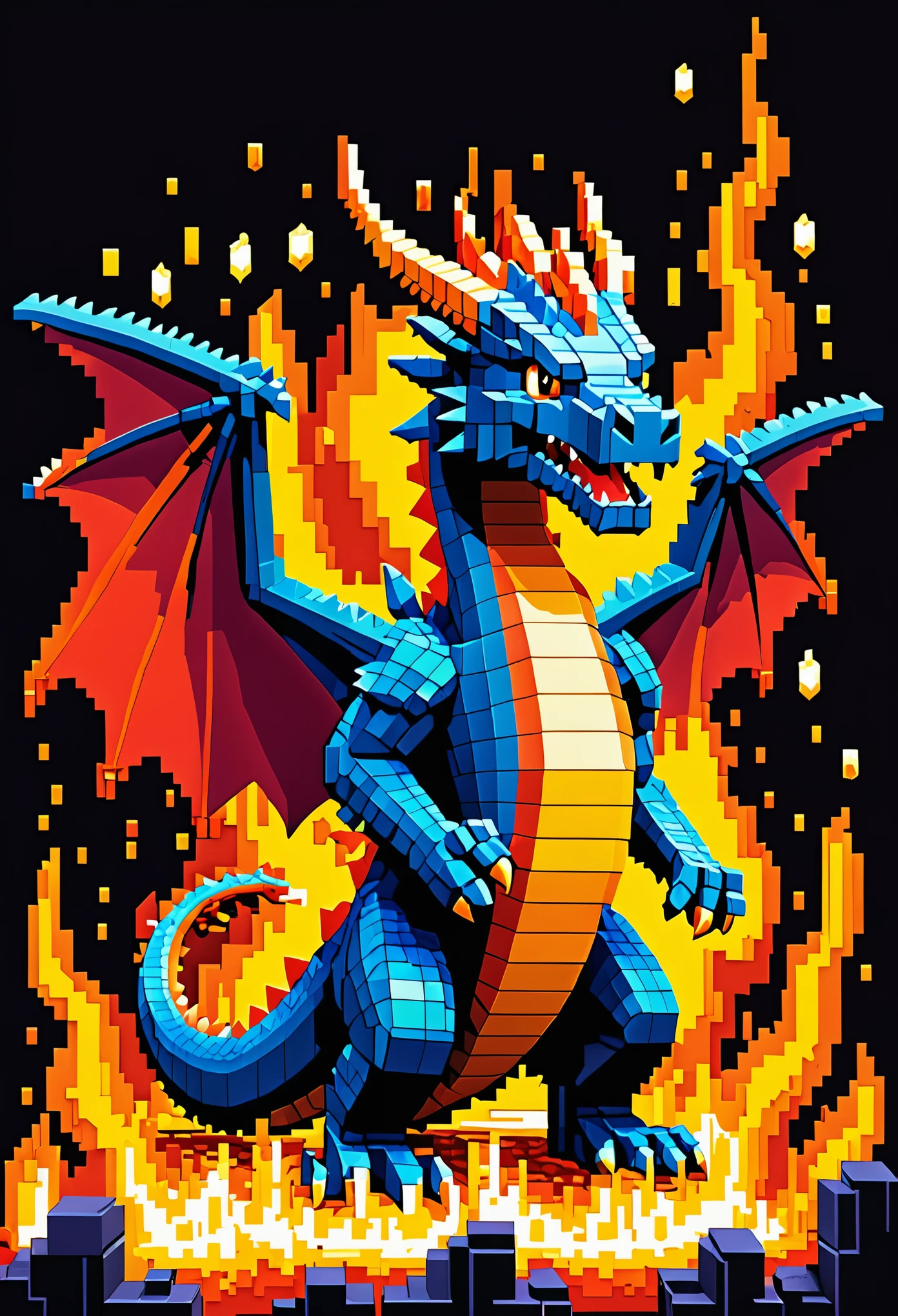 A pixel art dragon (blocky) breathes fire, a video game title in the flames