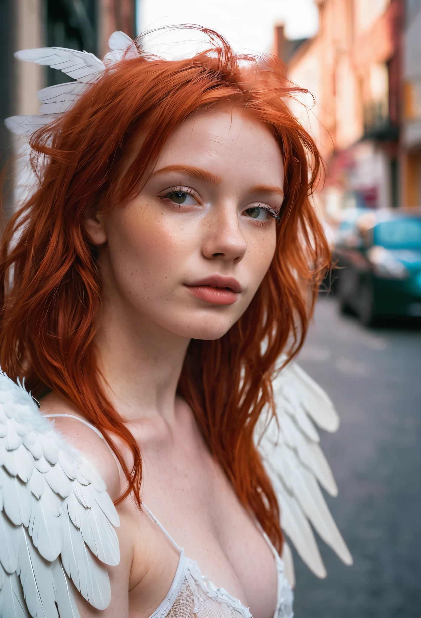 /imagine prompt: Redhead angel girl influencer captured in photography through a 35mm lens, evoking the raw authenticity of street photography. The scene portrays the angelic figure standing against a gritty urban backdrop, her vibrant red hair contrasting against the monotone surroundings. with her white wings Her expression exudes a mix of innocence and wisdom, with a slight smirk playing on her lips. The color temperature leans towards cool tones, enhancing the urban atmosphere. --v 5 --stylize 1000