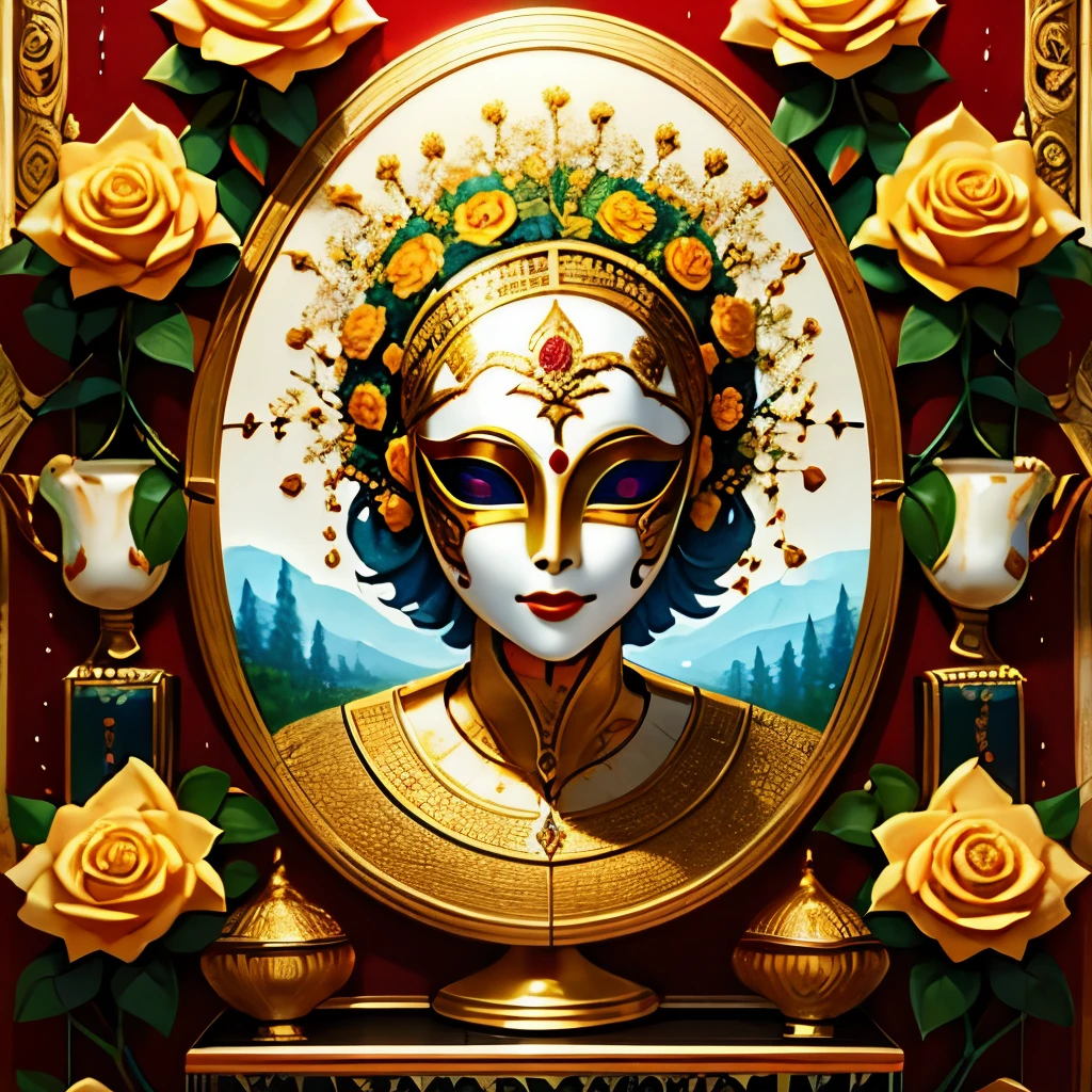 （best quality，4k，masterpiece：1.2），super detailed，lifelike:1.37，Beautiful symmetrical mask oiled with thick brush strokes and wet paint, Proportional gold, melted wax |, Visible strokes, Symmetrical mask in roses，White mask surrounded by roses, Mosaic wireframe 3d, neurographics, Neurons, tree of Life, Cole, like, enthusiasm, oil on canvas, thick strokes, extremely detailed, 8K Ultra HD, masterpiece, art station, surreal，symmetry art
