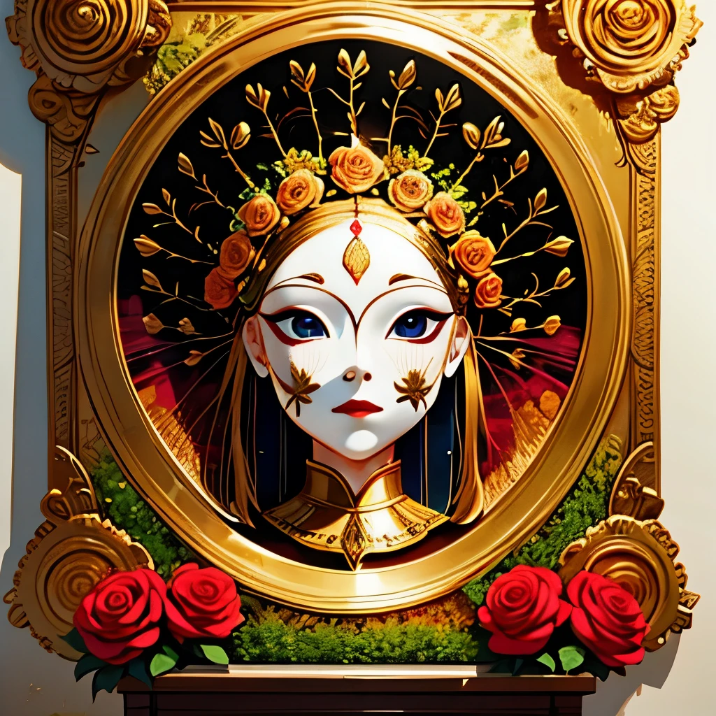 （best quality，4k，masterpiece：1.2），super detailed，lifelike:1.37，Beautiful symmetrical mask oiled with thick brush strokes and wet paint, Proportional gold, melted wax |, Visible strokes, Symmetrical mask in roses，White mask surrounded by roses, Mosaic wireframe 3d, neurographics, Neurons, tree of Life, Cole, like, enthusiasm, oil on canvas, thick strokes, extremely detailed, 8K Ultra HD, masterpiece, art station, surreal，symmetry art