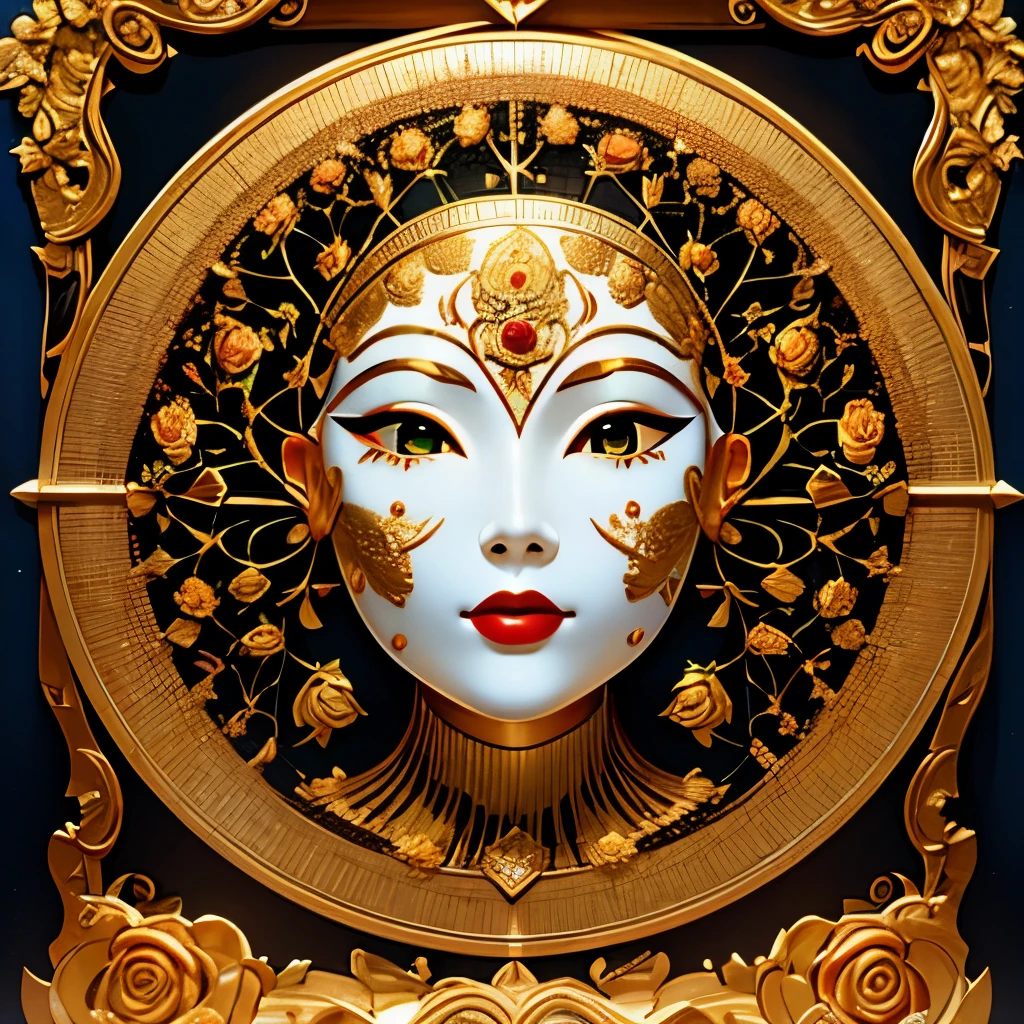 （best quality，4k，masterpiece：1.2），super detailed，lifelike:1.37，Beautiful symmetrical mask oiled with thick brush strokes and wet paint, Proportional gold, melted wax |, Visible strokes, Symmetrical mask in roses，White mask surrounded by roses, Mosaic wireframe 3d, neurographics, Neurons, tree of Life, Cole, like, enthusiasm, oil on canvas, thick strokes, extremely detailed, 8K Ultra HD, masterpiece, art station, surreal，symmetry art