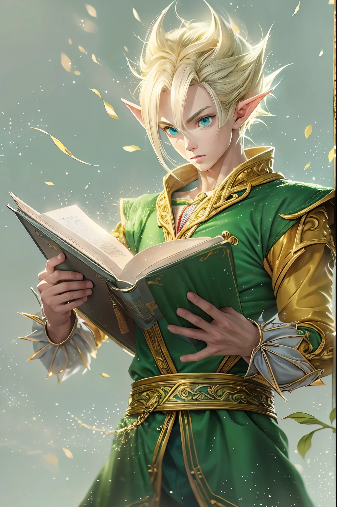 (master piece), 8k, best quality, elf boy, naïve, male, teenager, ************, white skin, thin body, pointed elf ears, beautiful finely detailed silver eyes, high forehead, yellow blonde spiky hair like Gohan from the anime dragon ball (super sayajin), Incredibly handsome, conservative elven outfit, looking at notebook