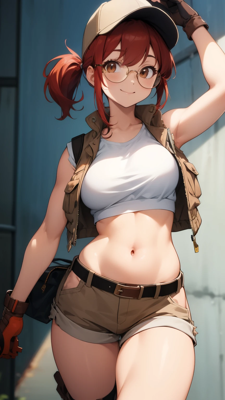 (art, best quality: 1.2), illustration, 8K, high definition, 1, alone, torso, (portrait: 1.2), large breasts, circular glasses, has, upper cut, belly, gloves, navel, baseball cap, protectors knee high, short shorts, ponytailed hair, boots, brown eyes, brown shorts, belt, smile, package, brown belt, red hair, hip opening, vests, long hair, vest,