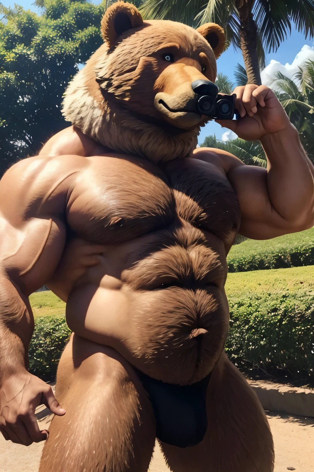 Um homem gordo "urso gay", pelado se molhando enquanto olhando para a camera com cara de safado.