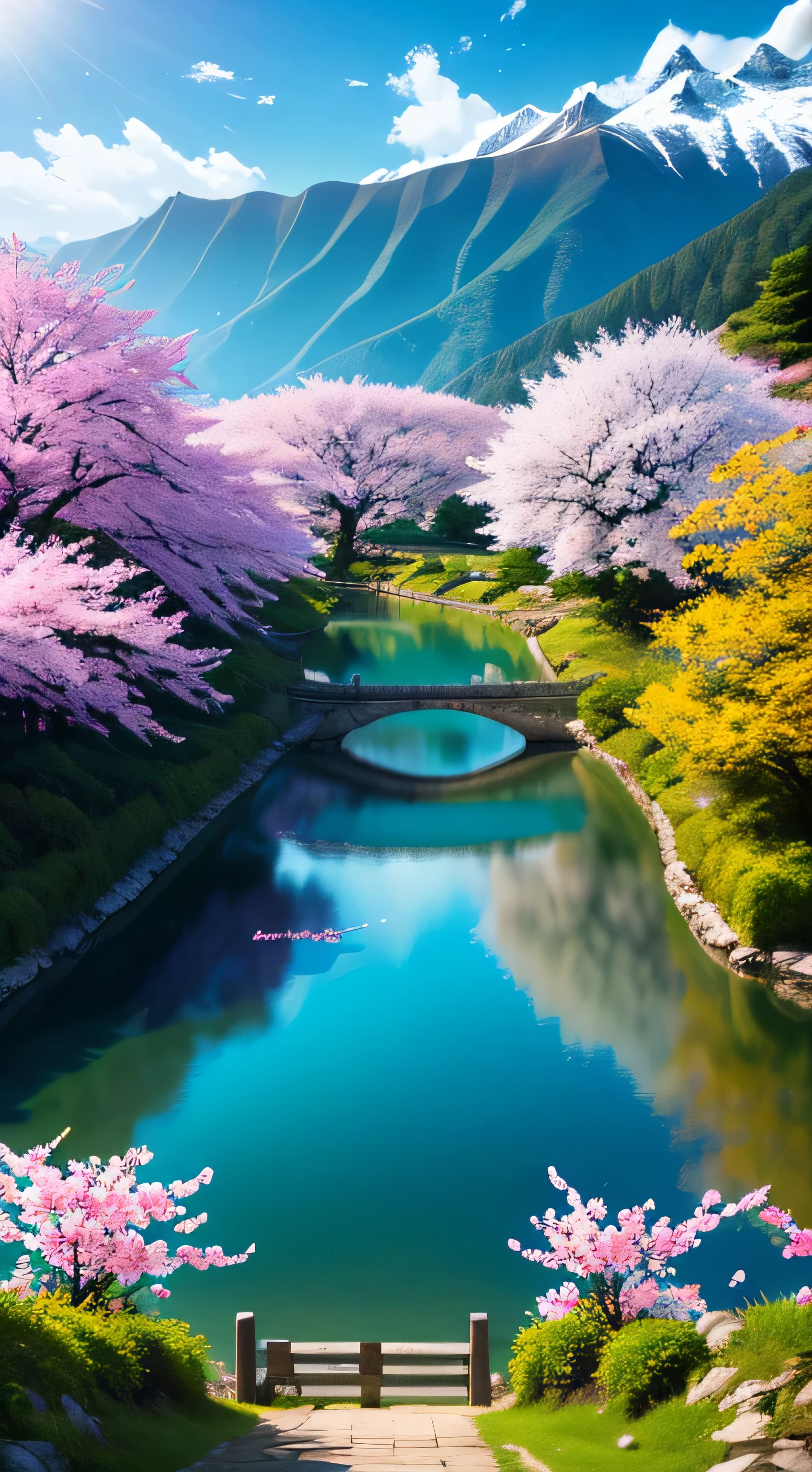 masterpiece, 最high quality, high quality,very detailed CG unity 8k wallpaper, Landscape Size、A paradise-like place, village next to the mountain, beautiful lake , flowers, field , Depth of written boundary, HDR, bloom, chromatic aberration ,realistic,very detailed, art station trends, Trending on CGsociety, Complex, high detail, dramatic, art on the road、cherry blossoms、Landscape Size、