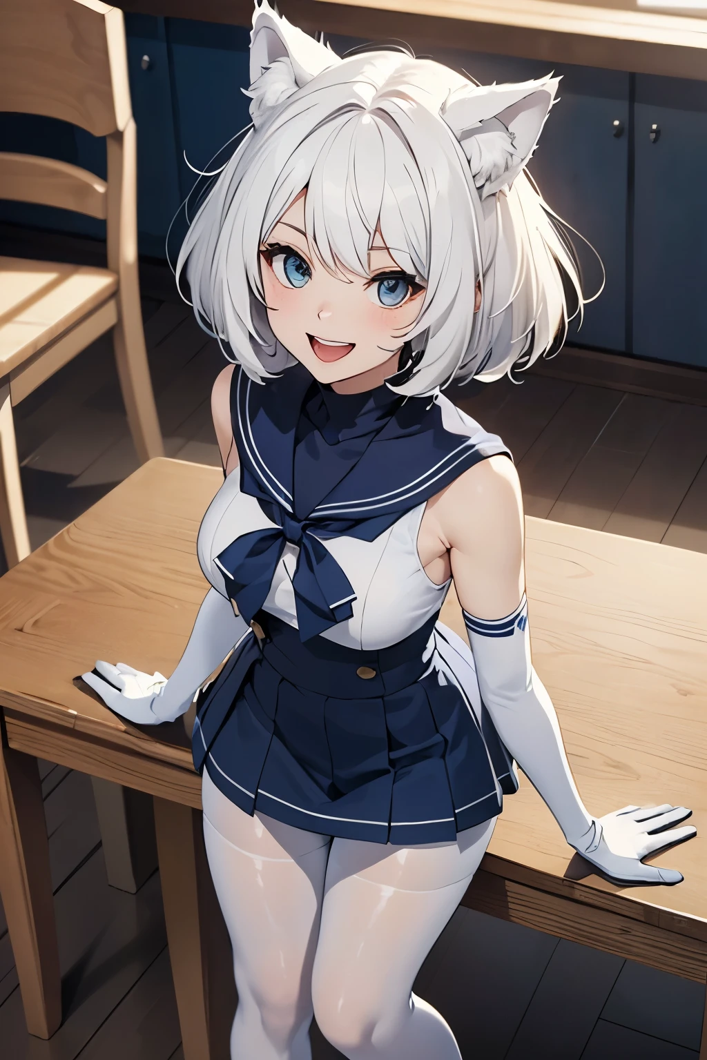 table top High level image quality best image quality 8K adult woman portrait white long gloves(elbow gloves) white pantyhose(opaque) sailor suit(sleeveless) navy blue mini skirt white wolf ears short hair((shortcut)(pure white hair)(perm)(fluffy)) eye color is blue attractive face((laughter)(smile)(open your mouth)) beautiful feet Are standing