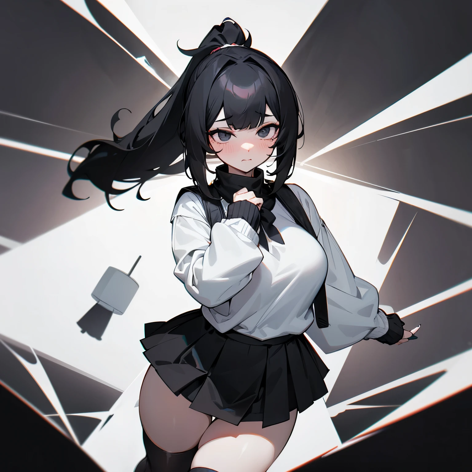black medium hair that reaches the neck and with bangs, two ponytail, black eyes, white oversize cardigan sweater, black top, black skirt, white leg warmers, white fingerless gloves. big ass, big thighs and big tits. shy, tired and embarrassed face. a little pale, black nails. dark circles under the eyes,empty eyes, drooling, blush