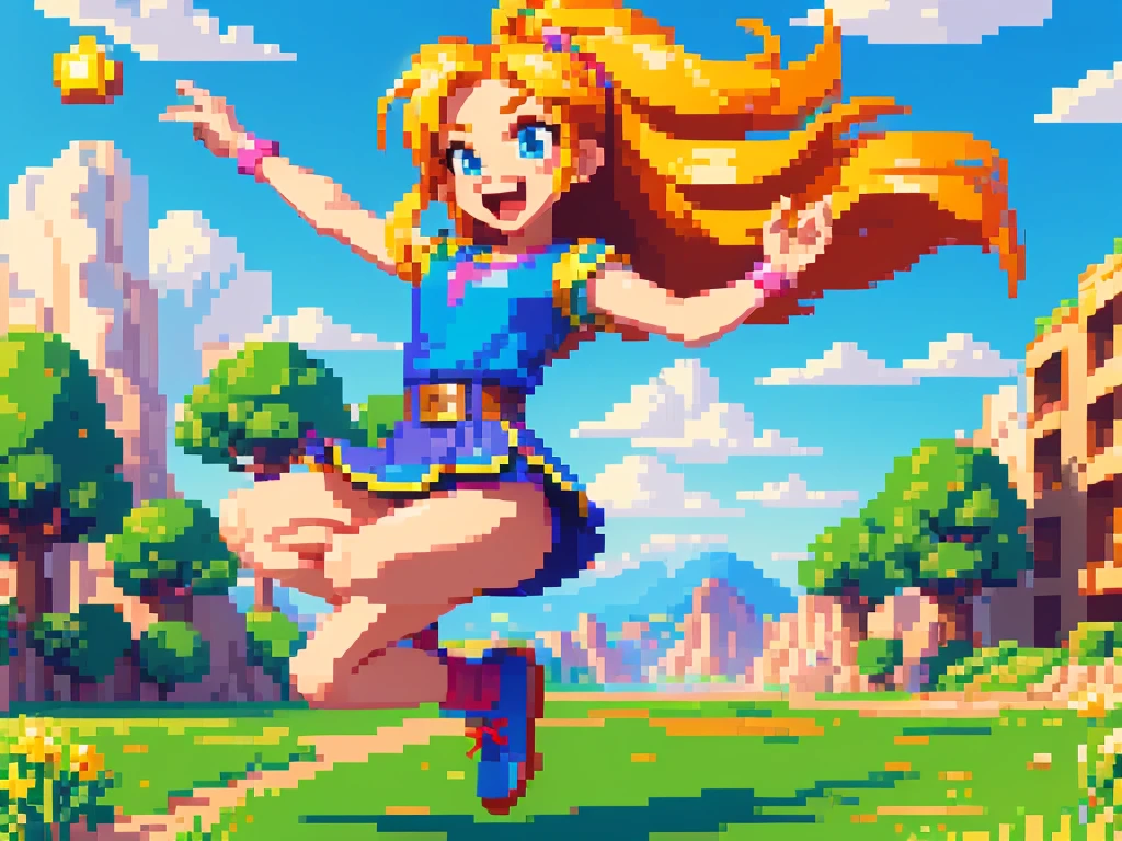 (best quality,4k,8k,highres,masterpiece:1.2),pixel art,girl jumping and running,vibrant colors,dynamic lighting,long hair,playful expression,cartoonish style,retro gaming aesthetic,8-bit sprite,action-packed scene,sunny day,green grass,blue sky,clouds in the background,handheld game console