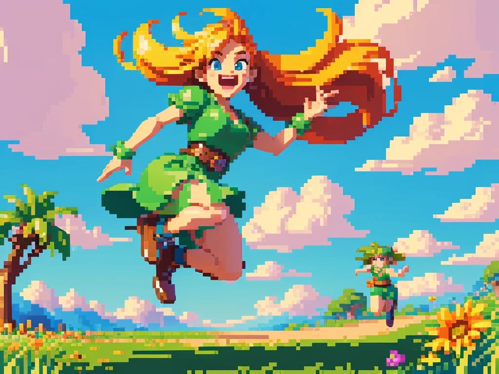 (best quality,4k,8k,highres,masterpiece:1.2),pixel art,girl jumping and running,vibrant colors,dynamic lighting,long hair,playful expression,cartoonish style,retro gaming aesthetic,8-bit sprite,action-packed scene,sunny day,green grass,blue sky,clouds in the background,handheld game console