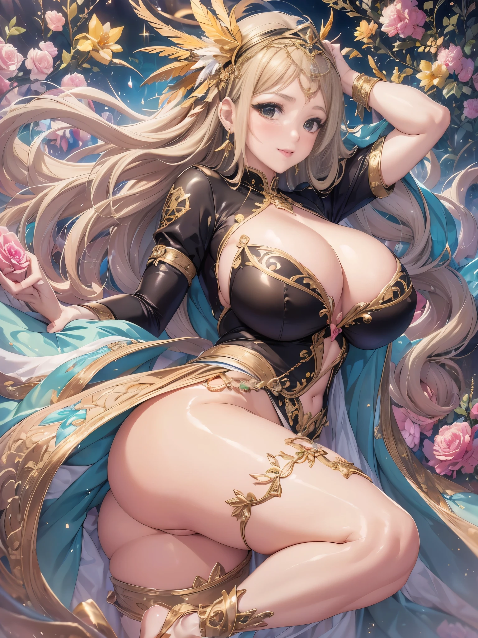 過去最高のmasterpiece、beautiful美しさ, 3D two-dimensional, rich, blonde, skirt, stockings, high heels, star、(Highly detailed CG Unity 8K wallpaper),(masterpiece), (highest quality), (Super detailed), (best work),(best shadow), (sharp eyeliner, eye shadow, fine eye:1.1), (超High resolution,realistic,realistic),(8k,RAW photo),mature woman、sensual curves、huge breasts、thighs、bubble、お尻のmasterpiece, full body shot, beautiful女性, enchanting smile, thick lips, chubby lips, blush, looking at the viewer, provocative expression, beautiful髪型, cleavage, Plump、curvaceous hips、attractive face、sexy dress、an inviting gaze、expression of emotions、(((erotic dress)))、gorgeous accessories 、big breastsの女性, golden hair, colored feather, metal ornaments, colored flowers, particle, light, (1 girl:1.3),(fractal art:1.1),(colorful:1.1)、(flowers:1.3),most detailed,(tangled:1.2), (dynamic pose), (abstract background:1.3), (shiny skin), (lots of colors :1.4), ,(earrings:1.4), (feather:1.4),masterpiece, highest quality, Super detailed, 30~40 years, full body shot, beautiful 、various hairstyles,gold headband,plump breasts,beautiful butt,greek clothing,Tulle covers the chest,perfect balance, costume details details,marble,cinematic lighting, film grain, high detail, openwork decoration,(((colorfulな最高級ドレス)))、(((解剖学的に正しいbody))) ,big breasts,cowboy shot, blush, (((1 girl))), perfect face, (((highest quality))), (Super detailed), detailed face and eye, (alone), High resolution、beautifuleye,(((sexy pose)))、(((整ったbig breasts)))、((beautiful eye))、luxury、(((超High resolution)))、(((detailed description)))、(((ぽっちゃりbody型)))、(((解剖学的構造に一致したbodyの部位)))、beautiful長いまつ毛、バランスのとれたbody型,The legs and arms are just the right size、Fishnet tights、glamorous、(((Clear white and black eye)))、lipstick、Sparkling、(Undistorted face, eye, body)、jewelry、gem、(長くカールしたbeautifulまつ毛)、(((バランス良いbeautiful胸)))、(transparent, Exquisite skin:1.2)、(((完璧なglamorousボディー)))、actress face、Super beautiful、cute smile、Healing beauty、flower shower、(((完璧なeye)))、realistic depiction、super sexy、shiny、glamorous、double eyelids、Excellent dark correction、(((ぼやけていないeye)))、(((Plump face)))、cute face 、(((shiny輝く肌))) 、(((gorgeous long dress)))