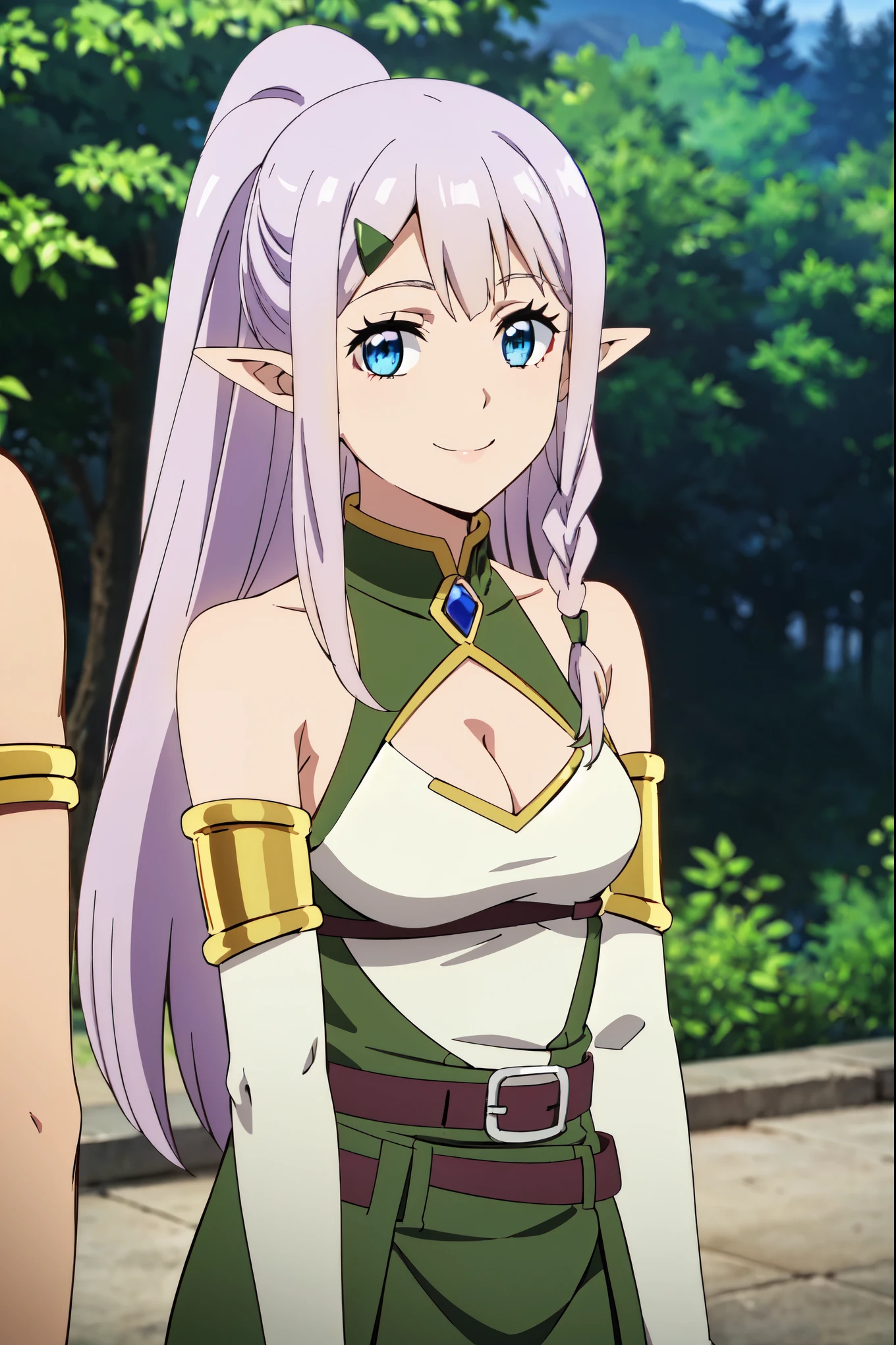 RIA, PURPLE HAIR, LONG HAIR, PONYTAIL, BLUE EYES, POINTY EARS, HAIRCLIP, SIDE BRAID, MEDIUM BREASTS, GREEN DRESS, CLEAVAGE CUTOUT, SLEEVELESS, ELBOW GLOVES, ARMLET, GOLD TRIM, BELT, 1girl, solo, facing viewer, looking at viewer, upper body, smile.