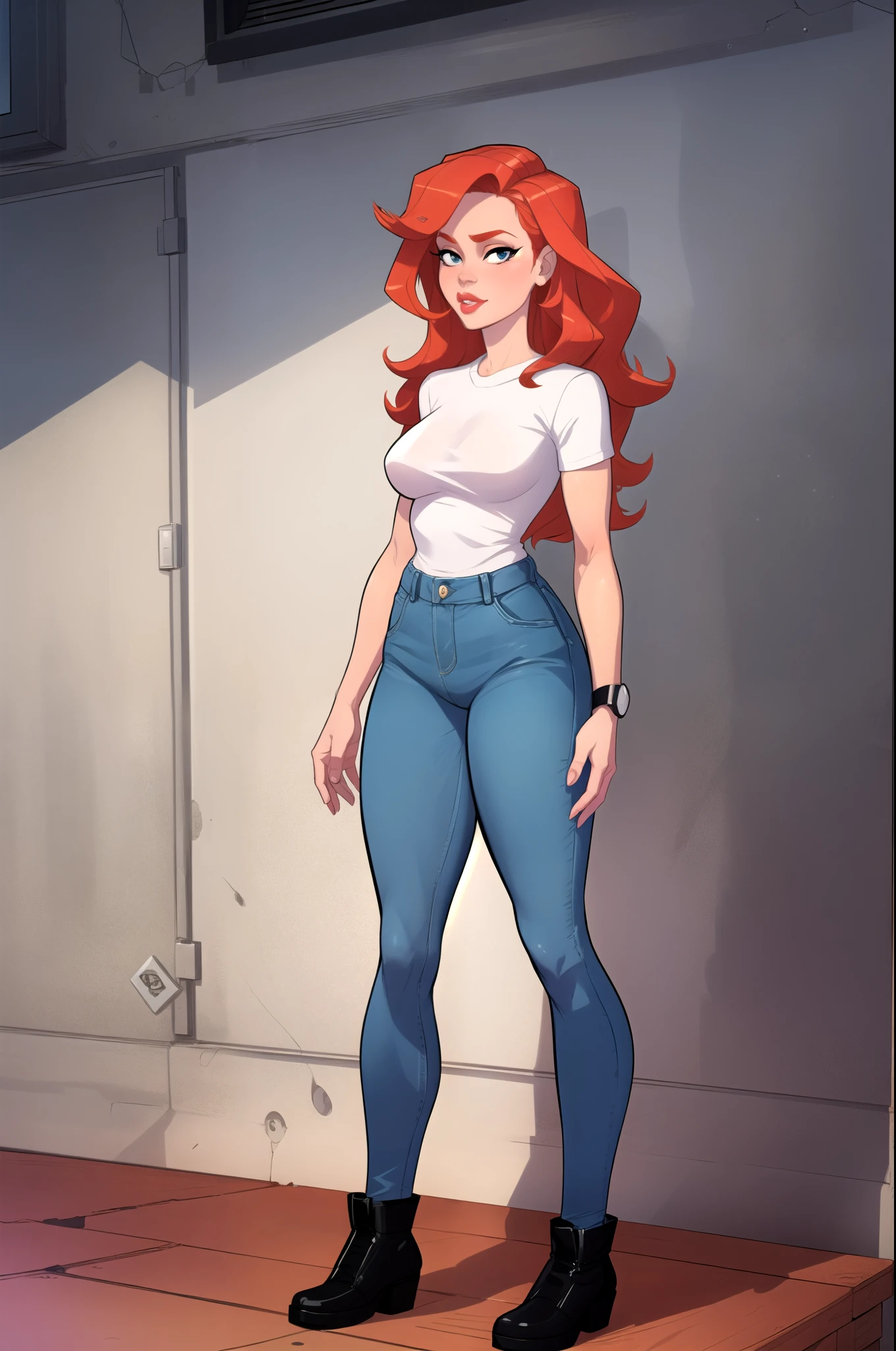 1girl, denim, pants, jeans, sweater, red hair, cowboy shot, long hair,, masterpiece, best quality, highly detailed