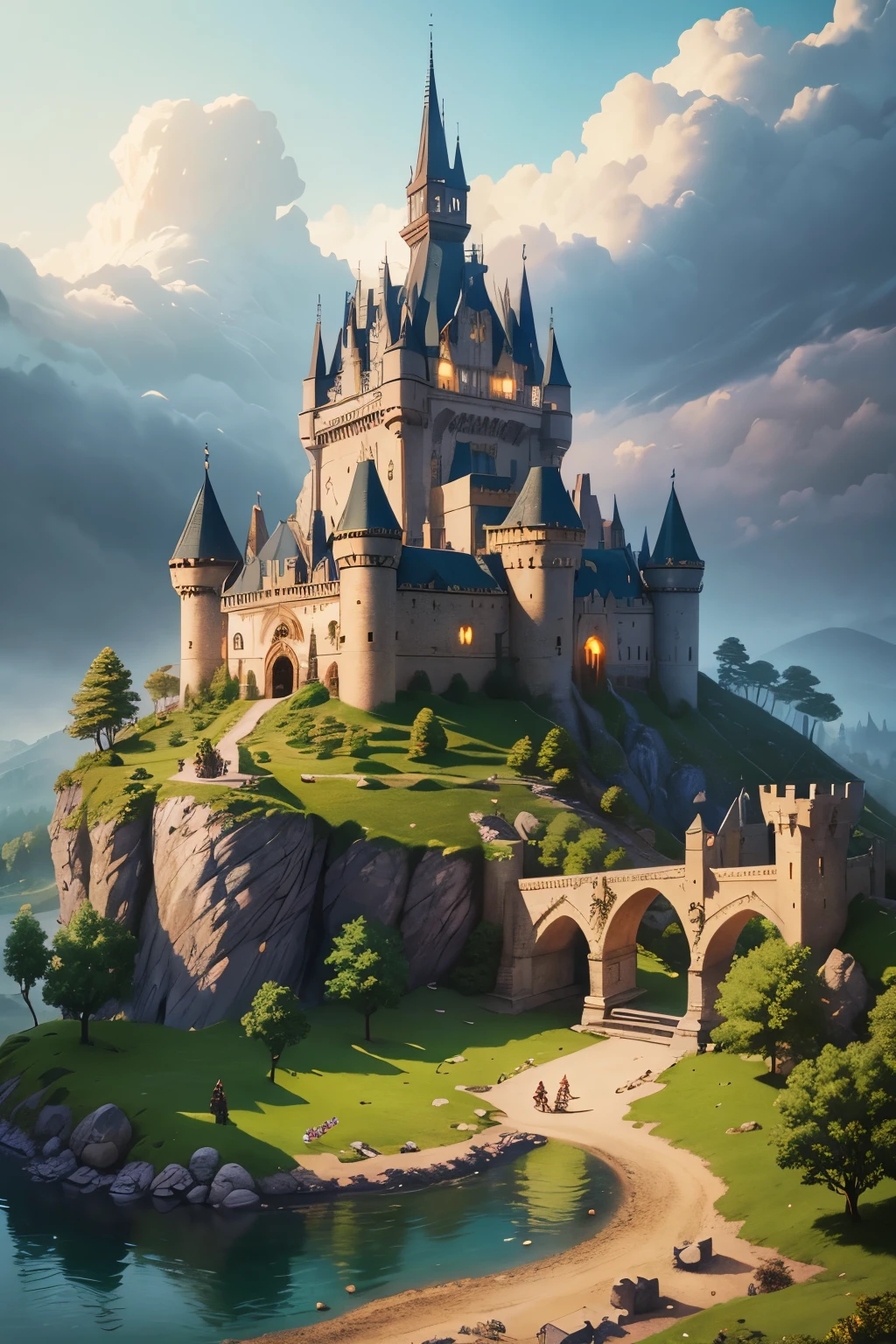 a medieval fantasy village with isometric tiles,foggy atmosphere,brilliant colors,old stone buildings,castle in the distance,rivers and bridges,adventurers wandering,colorful market stalls,mysterious ruins,dragon flying in the sky,goblins hiding in the shadows,maximum level of details,high resolution,evokes a sense of wonder,masterpiece quality,enchanted forest,enchanted lighting,mythical creatures,ancient treasures,heroic knights and fair maidens,grand feast at the castle,elaborate costumes and armor,vibrant and lively atmosphere,storybook-like illustration,historical accuracy,castle towers and drawbridge