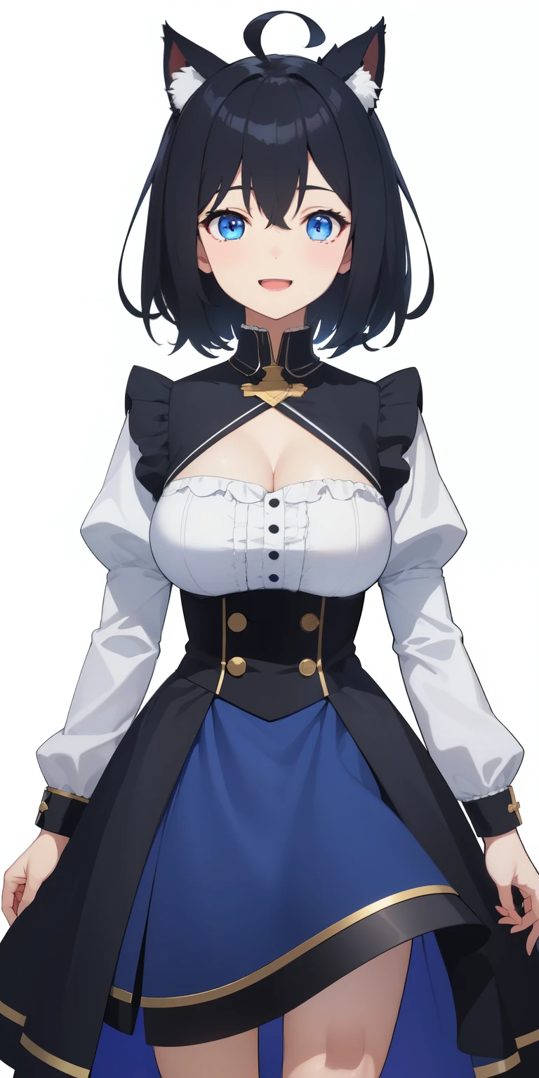 on lap,((((upright)))), ((((stand up)))), looking at the viewer, simple background、white background, 1 girl, open your mouth, smile, Virtual YouTuber、with a girl、((highest quality, expensive_solve, clear_image)),(black hair), (black cat ears), (Ahoge), (ridiculously short hair), (wavy hair), (blue eyes),、laughter、very big breasts、((concept art))、((front))、I can see the cleavage、wore a white shirt