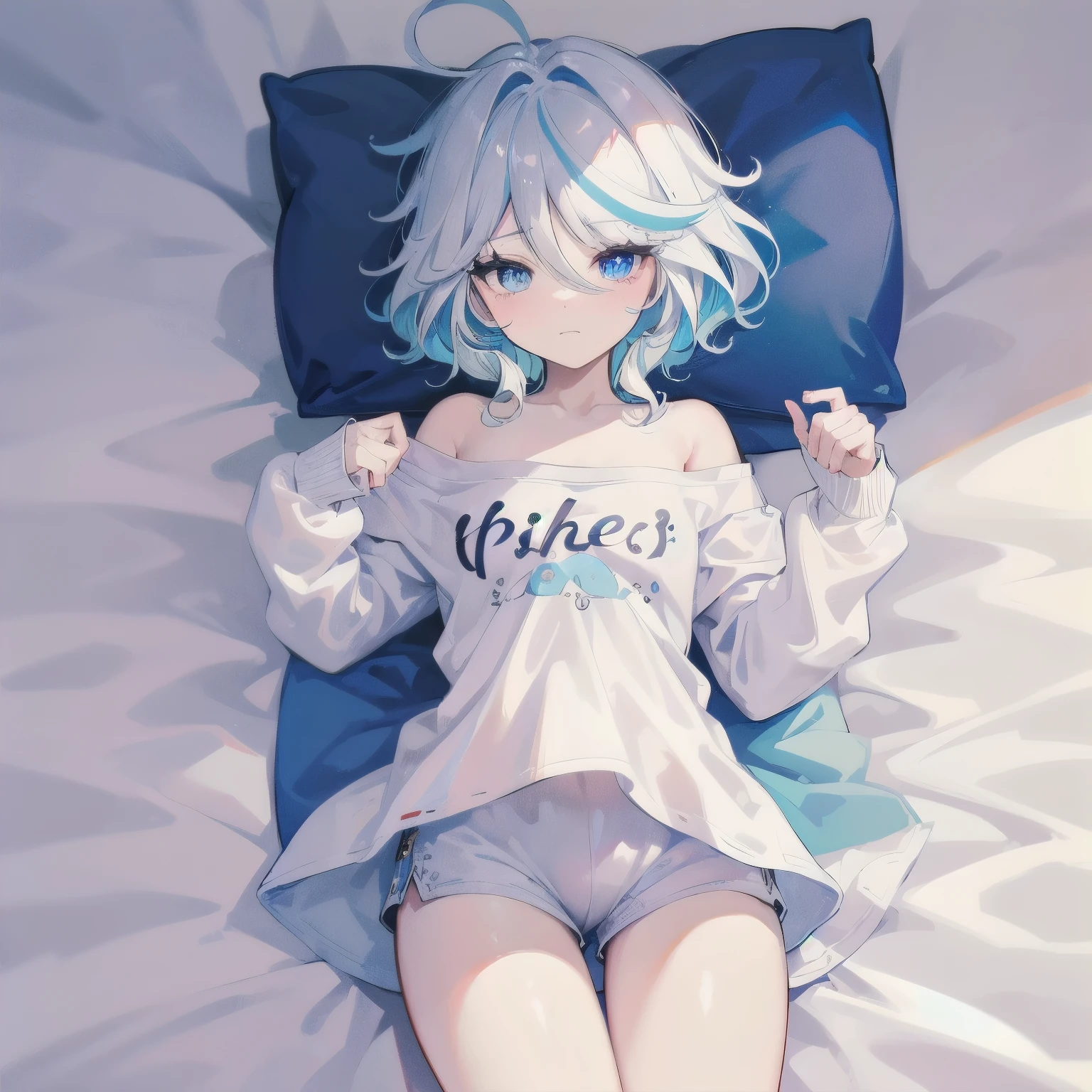 masterpiece, best quality, detailed face, heterochromia eyes,perfect hands, flat chest, HD, best quality, (looking at viewer, sleepy), ((1girl)),cowboy shot,thighs, furina,short hair,((gradient hair)),multicolored eyes, gradient eyes, (fashion make up), blush, messy hair, white shirt, off shoulder, naked shirt, no pants, lying, bare arms, short shorts, bare legs, bedroom