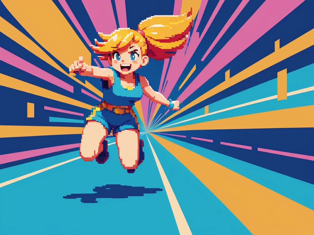 (best quality,4k,8k,highres,masterpiece:1.2),pixel art,girl jumping and running,colorful,retro style,dynamic movement,playful,energetic,smooth animation,expressive facial features,pixilated environment,80s video game style,vibrant colors,overlapping layers,cheerful mood,bouncing motion,jumping platform,excitement,action-packed,fast-paced,fluid animations,cute character design,playful background music,nostalgic aesthetics,memorable gaming experience,classic arcade game vibes,catchy sound effects,high score challenge,addictive gameplay,immersive pixelated world,adrenaline rush,satisfying jumps and landings,endless runner game mechanics,animated sprites,running speed increasing gradually,running through colorful obstacles,spritesheet animations,looping background,attention to detail,limited color palette,handcrafted artwork,retro gaming inspiration,retro pixel graphics,authentic pixel art style,artistic pixel placement,retro gaming enthusiasts,engaging visual style,effortlessly smooth transitions