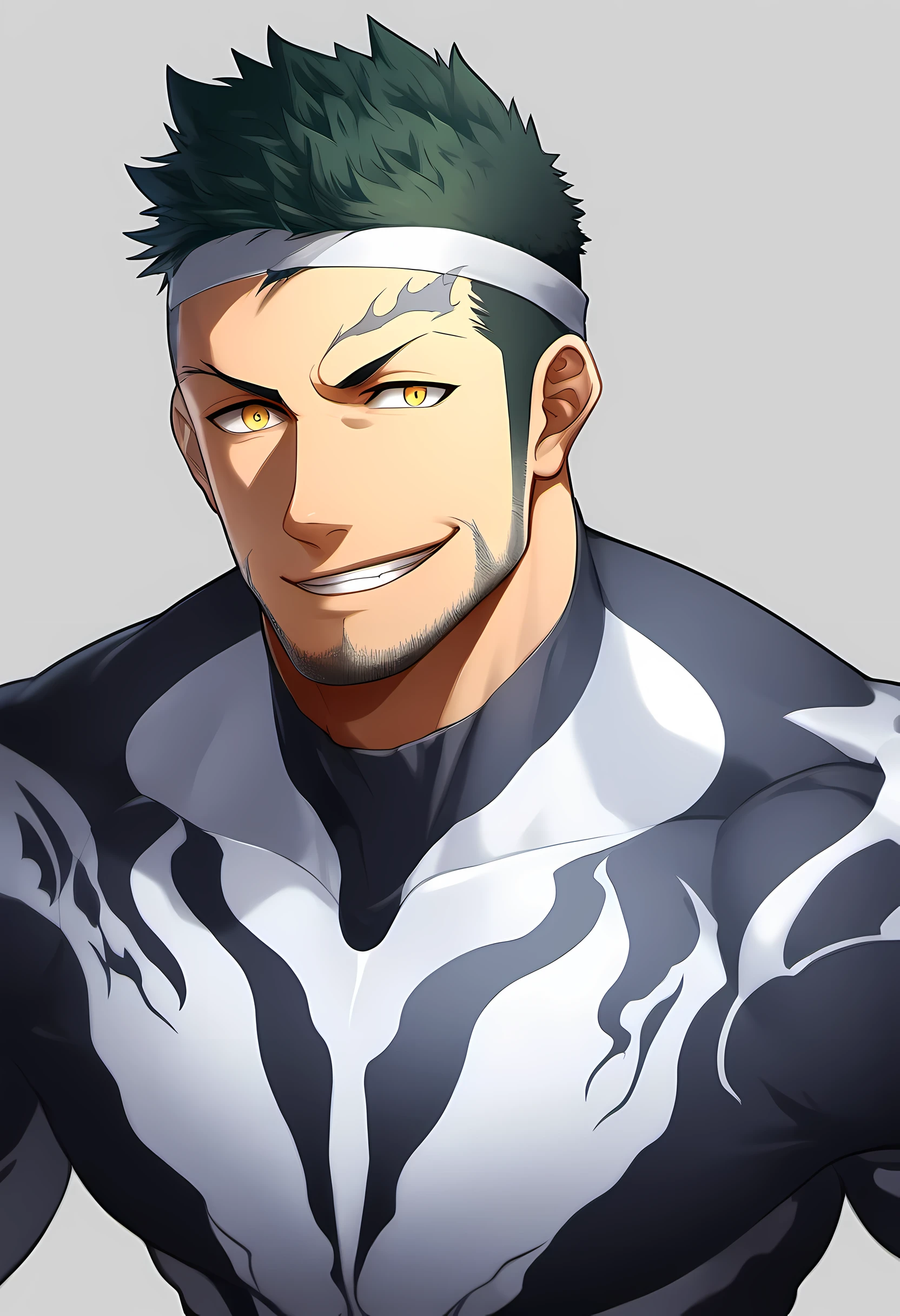 anime characters:Priapus in Venom Tights, black sports headband, 1个年轻的muscular man, male focus, buzz clip, White Venom Skinny Suit, venom logo, muscular man, extra large breasts, only, Upper body, alone, short yellow hair, stubble, yellow eyes, blink, White background, Simple background, amazing quality, best aesthetics, ridiculous, bright pupils, short hair, naughty face, torogao, open lips, best quality