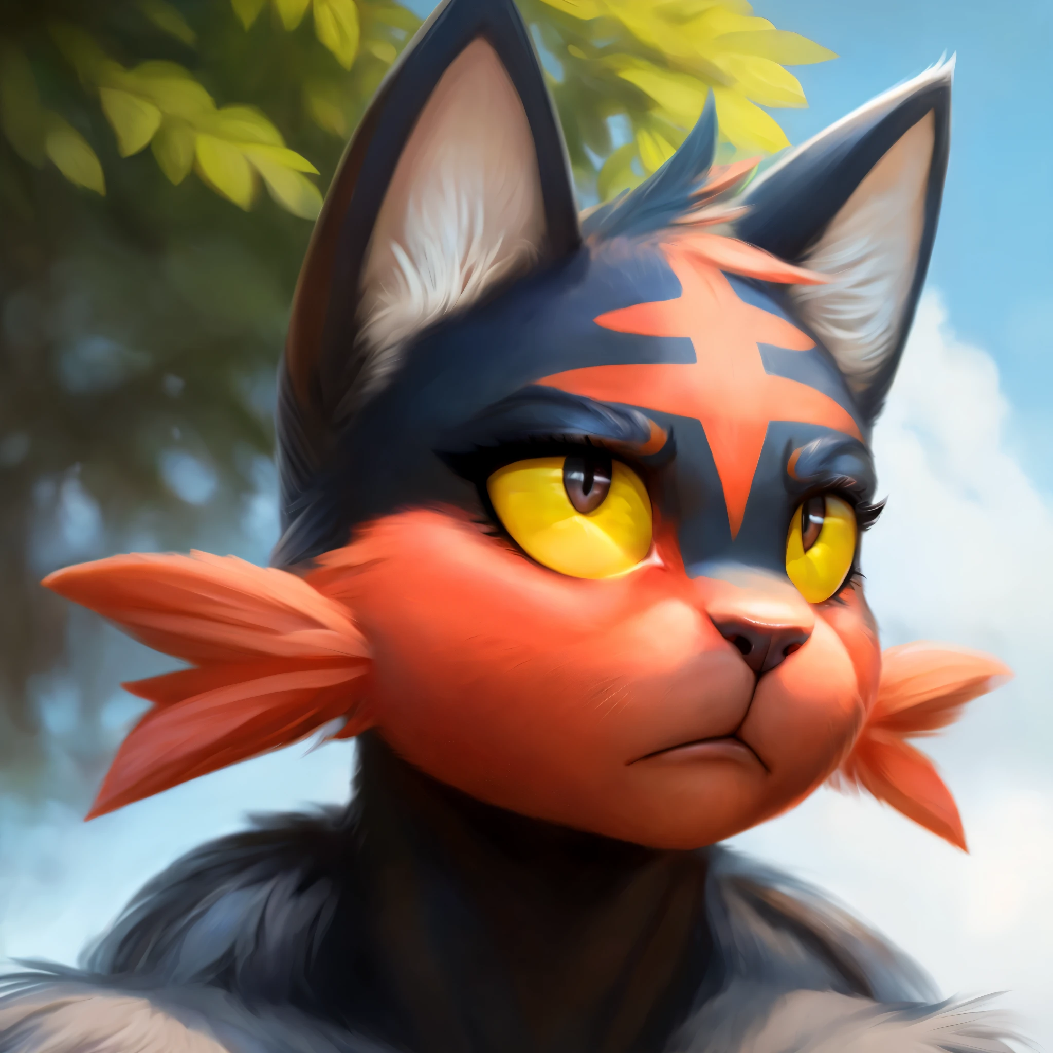 (best quality,ultra-detailed,realistic:1.37), litten, cat snout, realistic, detailed face, striking eyes, beautiful makeup, flawless skin, expressive eyebrows, perfect lighting, long eyelashes, pouty lips, soft focus, vibrant colors, outdoor lighting,realistic,soft lighting,vibrant colors,delicate fur texture, blush, embarrassed expression, shy expression