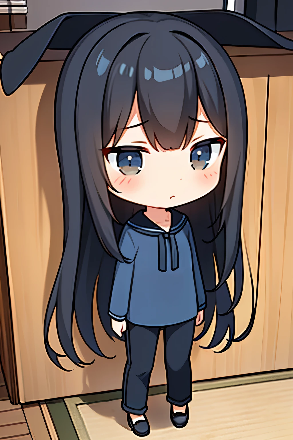 1girl, ((chibi)), black long hair, black eyes, ((blue clothes)), blush, nervious, (detailed face), pants, full body