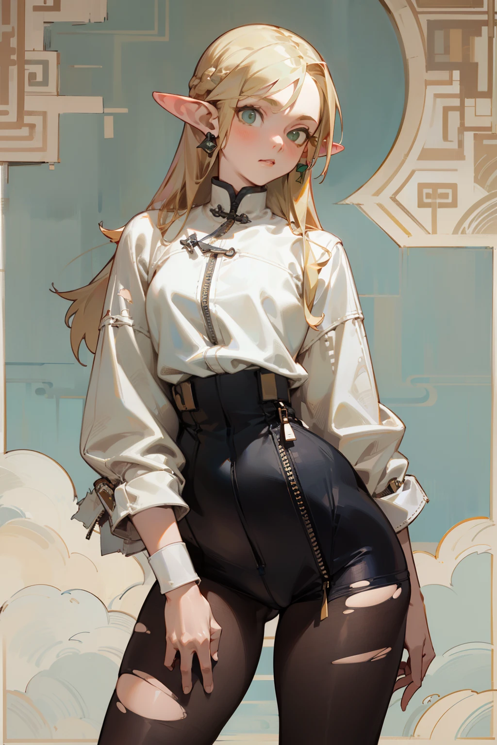 (masterpiece, best quality) detailed, Wearing black tights, silver accessories , zipper unzipped , Blonde ,elegant, pointed ears ，Chinese element pattern，thigh，漏出thigh，White shirt，torn clothes，Alphonse Mucha