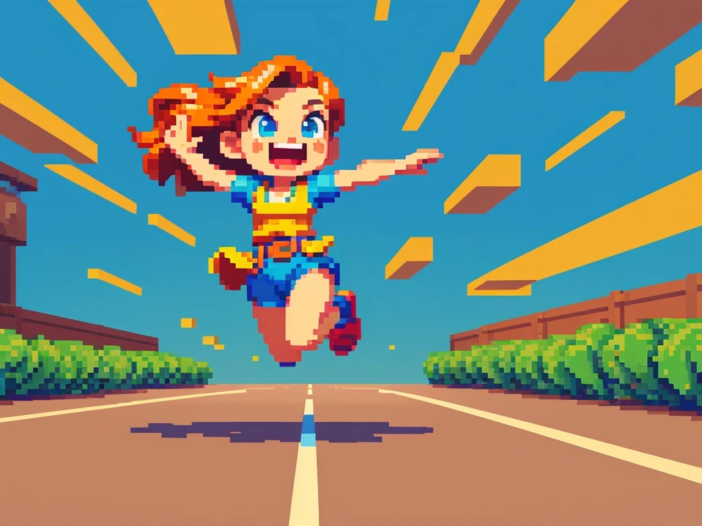 (best quality,4k,8k,highres,masterpiece:1.2),pixel art,girl jumping and running,colorful,retro style,dynamic movement,playful,energetic,smooth animation,expressive facial features,pixilated environment,80s video game style,vibrant colors,overlapping layers,cheerful mood,bouncing motion,jumping platform,excitement,action-packed,fast-paced,fluid animations,cute character design,playful background music,nostalgic aesthetics,memorable gaming experience,classic arcade game vibes,catchy sound effects,high score challenge,addictive gameplay,immersive pixelated world,adrenaline rush,satisfying jumps and landings,endless runner game mechanics,animated sprites,running speed increasing gradually,running through colorful obstacles,spritesheet animations,looping background,attention to detail,limited color palette,handcrafted artwork,retro gaming inspiration,retro pixel graphics,authentic pixel art style,artistic pixel placement,retro gaming enthusiasts,engaging visual style,effortlessly smooth transitions