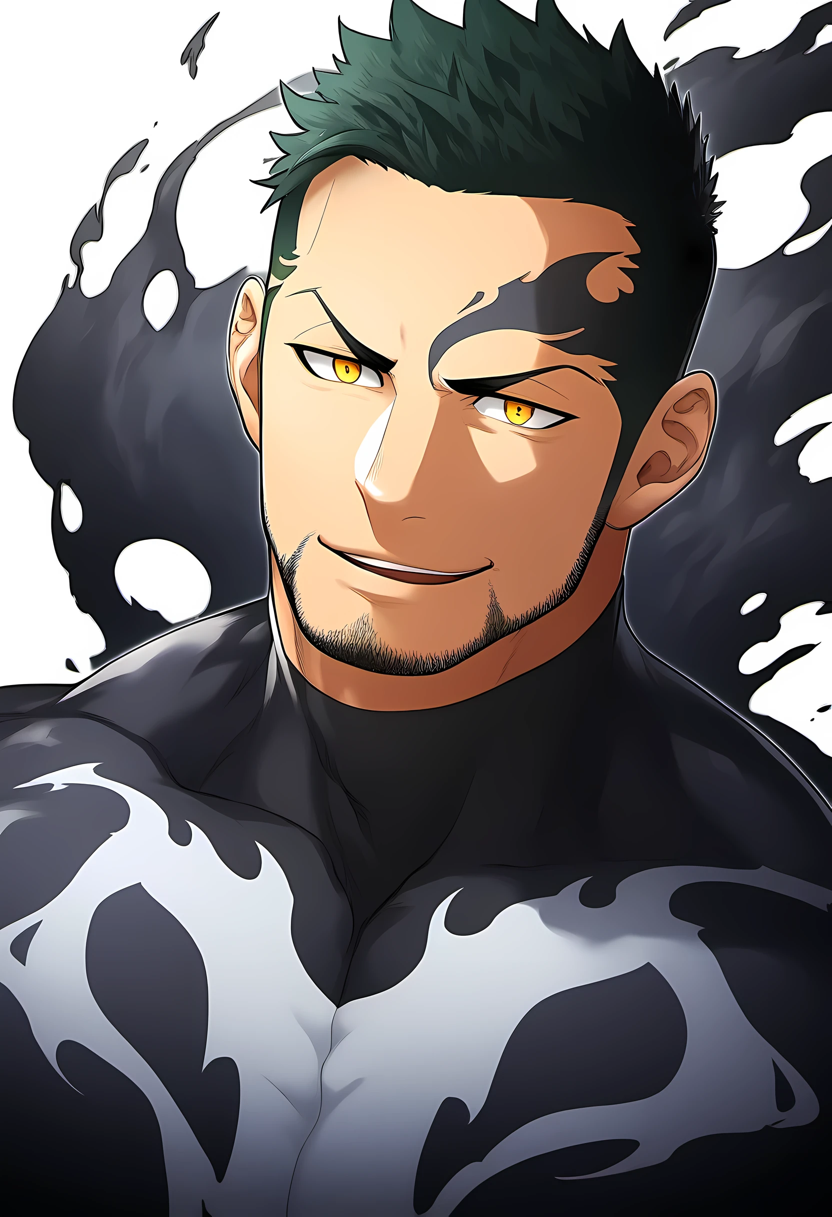 anime characters：Venom Bodysuit中的普里阿普斯, black sports headband, 1个年轻的muscular man, male focus, buzz clip, Venom Bodysuit, venom logo, muscular man, extra large breasts, only, Upper body, alone, short yellow hair, stubble, yellow eyes, blink, White background, Simple background, amazing quality, best aesthetics, ridiculous, bright pupils, short hair, naughty face, torogao, open lips, best quality