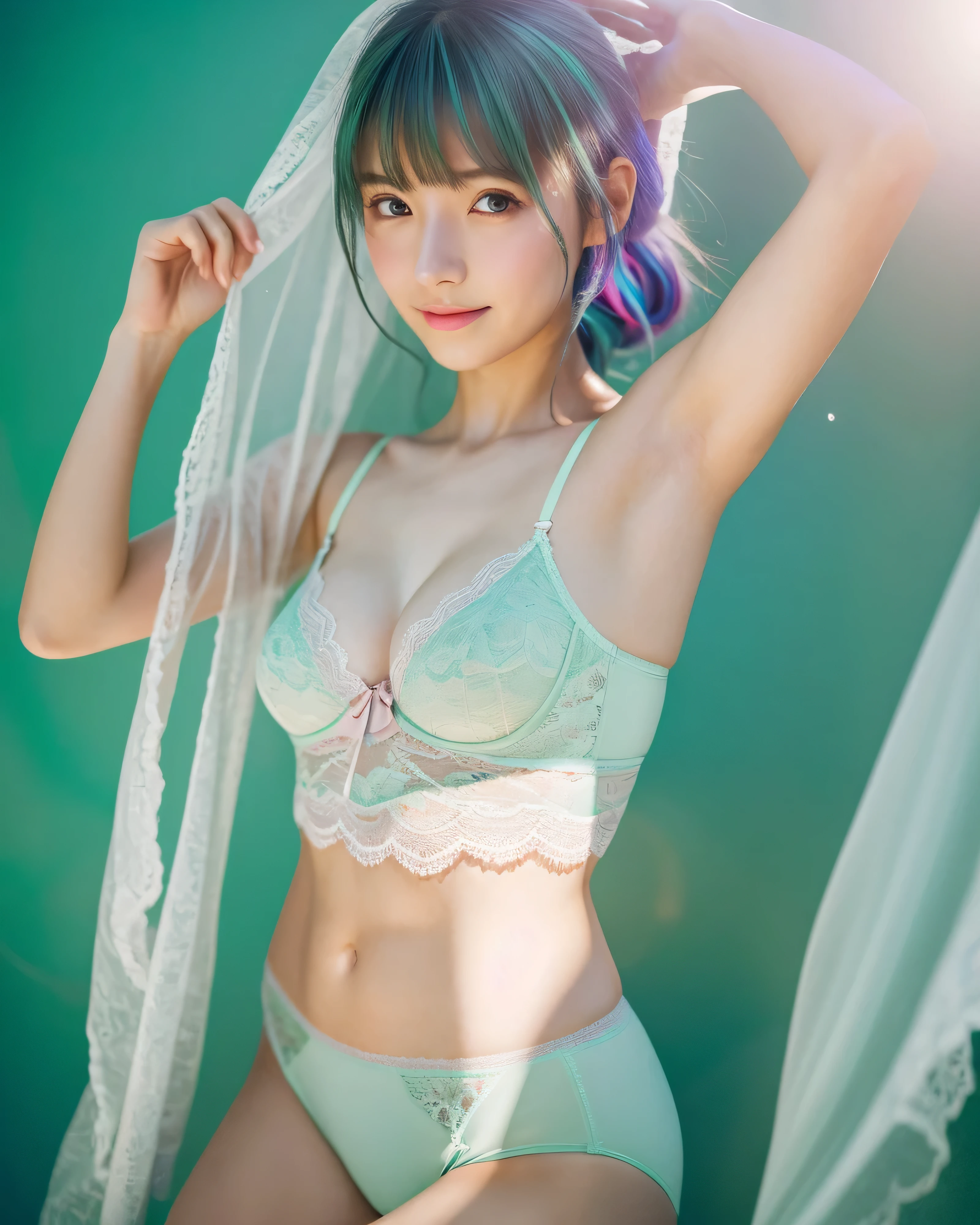 (highest quality, 8K, High resolution, masterpiece:1.5, ), Haunting fantasy portrait in abstract style, ((In a swirl of fantastic pastel colors and soft light)), Evoking a sense of tranquil serenity and elusive beauty, Award-winning masterpiece with amazing details, non-representative, Color and shape, expression of emotions, rich in imagination, cute japanese woman, perfect human anatomy, big magic eyes, gentle smile, ((shiny ice green hair)), beautiful long hair, asymmetrical bangs, smooth and soft skin, thin eyebrows, Clear double eyelids, pale pink lips, ((greige lace underwear,Underwear with a small fabric area)), High resolutionの完璧な鎖骨, High resolutionの美しい胸元, Slender body with plump breasts, High resolutionの美しい太もも, lean forward, Strong sunlight from the window, I see a band of light, professional lighting, professional photographer, professional model,Mysterious
