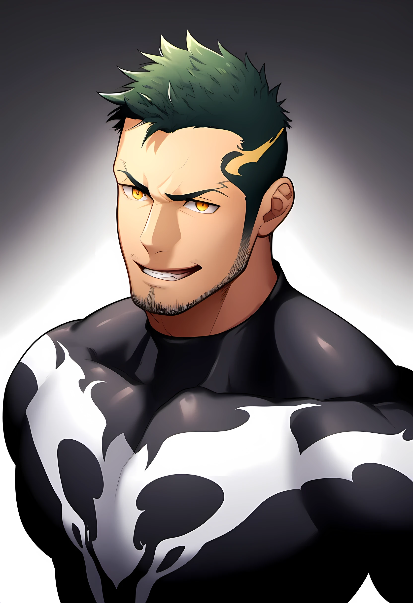 anime characters：Venom Bodysuit中的普里阿普斯, black sports headband, 1个年轻的muscular man, male focus, buzz clip, Venom Bodysuit, venom logo, muscular man, extra large breasts, only, Upper body, alone, short yellow hair, stubble, yellow eyes, blink, White background, Simple background, amazing quality, best aesthetics, ridiculous, bright pupils, short hair, naughty face, torogao, open lips, best quality