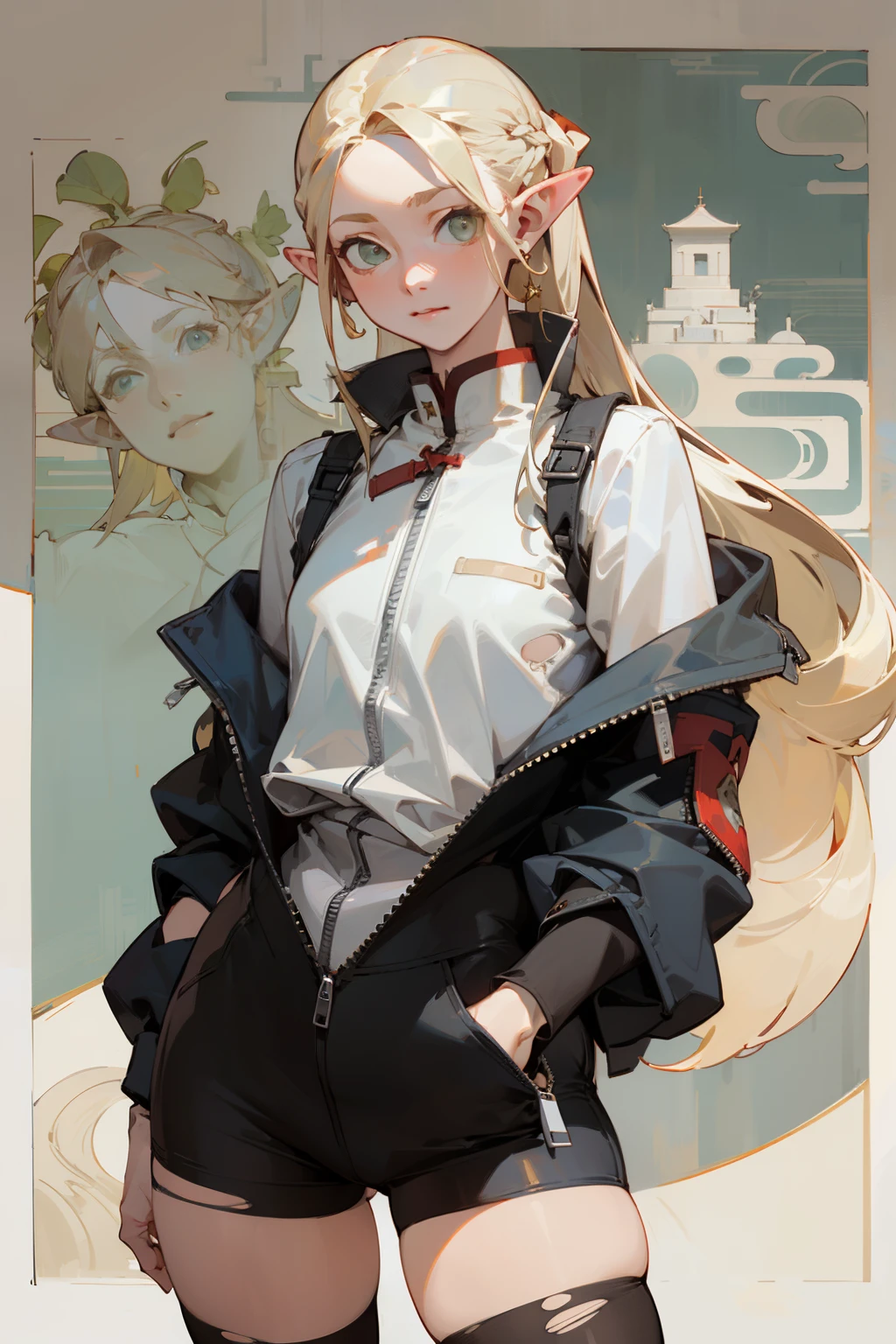 (masterpiece, best quality) detailed, Wearing black tights, silver accessories , zipper unzipped , Blonde ,elegant, pointed ears ,Chinese element pattern,thigh,漏出thigh,White shirt,torn clothes,Alphonse Mucha