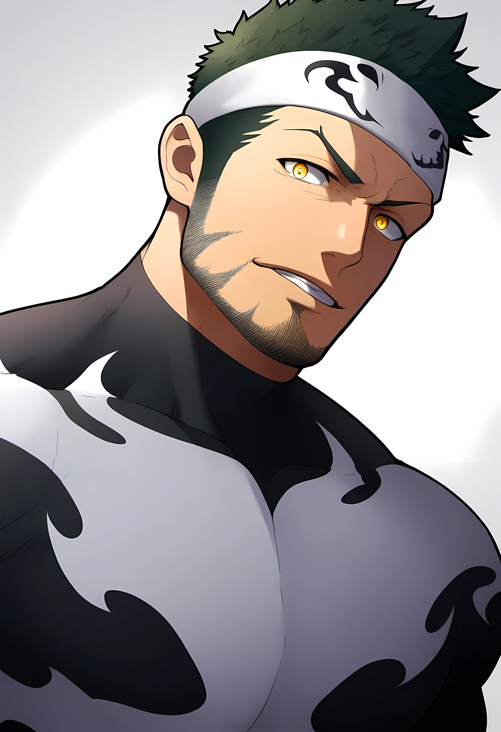anime characters：Priapus in Venom Tights, black sports headband, 1个年轻的muscular man, male focus, buzz clip, White Venom Skinny Suit, venom logo, muscular man, extra large breasts, only, Upper body, alone, short yellow hair, stubble, yellow eyes, blink, White background, Simple background, amazing quality, best aesthetics, ridiculous, bright pupils, short hair, naughty face, torogao, open lips, best quality