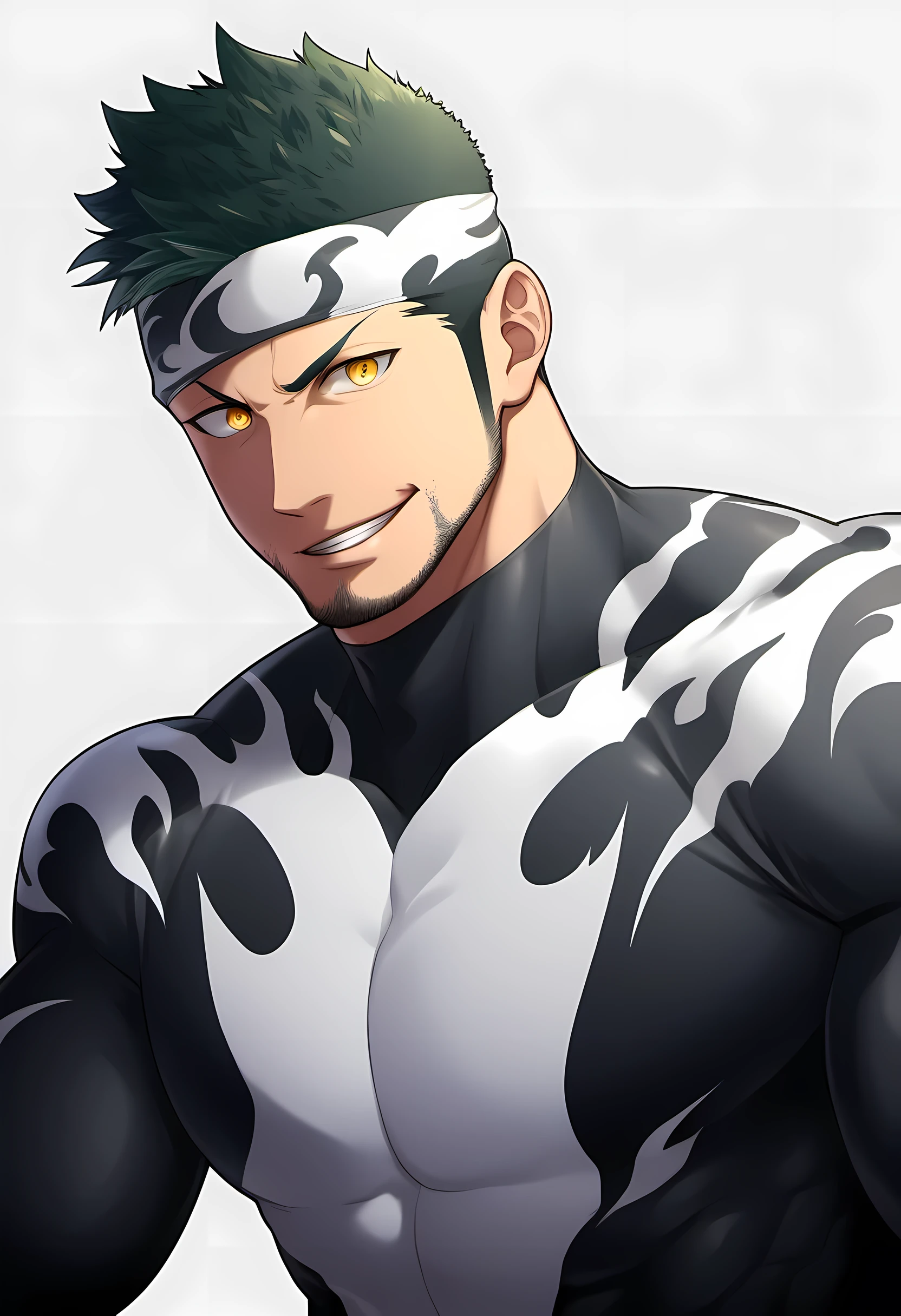 anime characters:Priapus in Venom Tights, black sports headband, 1个年轻的muscular man, male focus, buzz clip, White Venom Skinny Suit, venom logo, muscular man, extra large breasts, only, Upper body, alone, short yellow hair, stubble, yellow eyes, blink, White background, Simple background, amazing quality, best aesthetics, ridiculous, bright pupils, short hair, naughty face, torogao, open lips, best quality