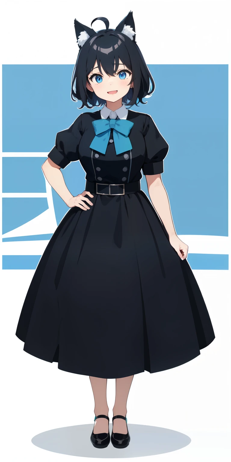 on lap,((((upright)))), ((((stand up)))), looking at the viewer, simple background、white background, 1 girl, open your mouth, smile, Virtual YouTuber、with a girl、((highest quality, expensive_solve, clear_image)),(black hair), (black cat ears), (Ahoge), (ridiculously short hair), (wavy hair), (blue eyes),、laughter、very big breasts、((concept art))、((front))、wore a shirt