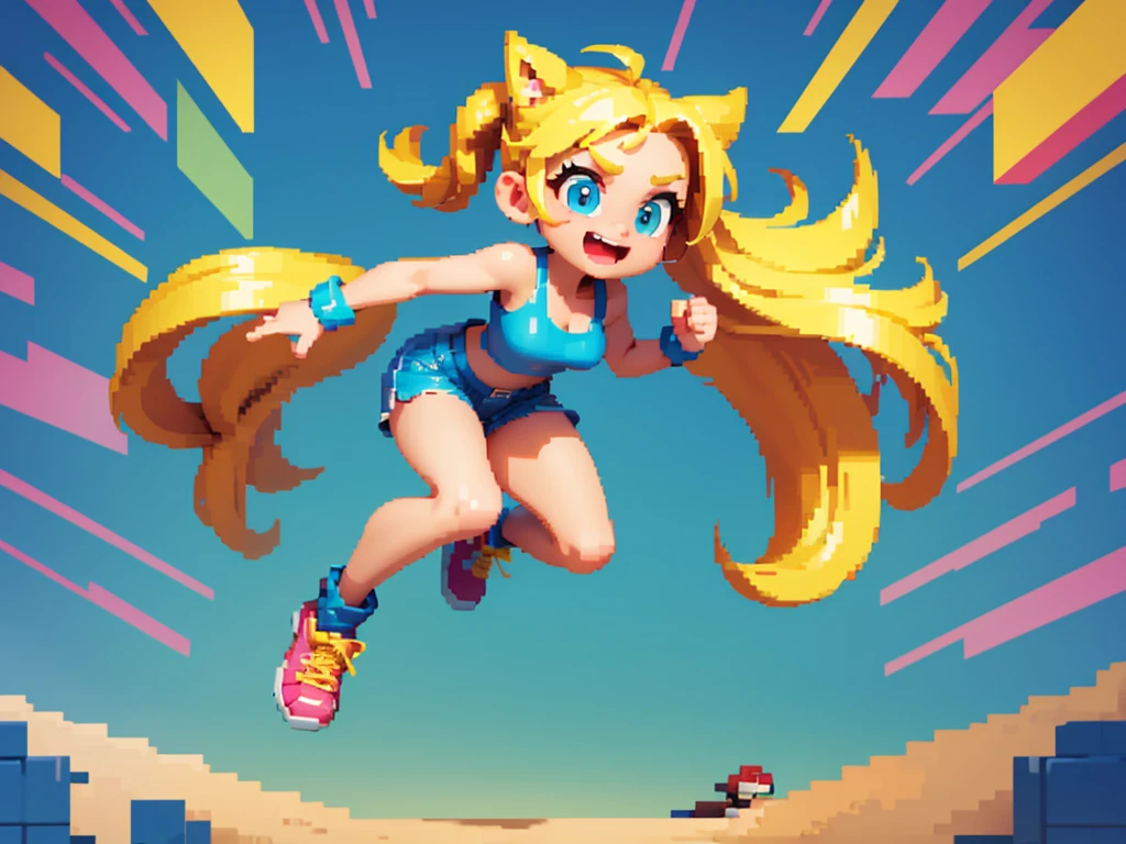 (best quality,4k,8k,highres,masterpiece:1.2),pixel art,girl jumping and running,colorful,retro style,dynamic movement,playful,energetic,smooth animation,expressive facial features,pixilated environment,80s video game style,vibrant colors,overlapping layers,cheerful mood,bouncing motion,jumping platform,excitement,action-packed,fast-paced,fluid animations,cute character design,playful background music,nostalgic aesthetics,memorable gaming experience,classic arcade game vibes,catchy sound effects,high score challenge,addictive gameplay,immersive pixelated world,adrenaline rush,satisfying jumps and landings,endless runner game mechanics,animated sprites,running speed increasing gradually,running through colorful obstacles,spritesheet animations,looping background,attention to detail,limited color palette,handcrafted artwork,retro gaming inspiration,retro pixel graphics,authentic pixel art style,artistic pixel placement,retro gaming enthusiasts,engaging visual style,effortlessly smooth transitions