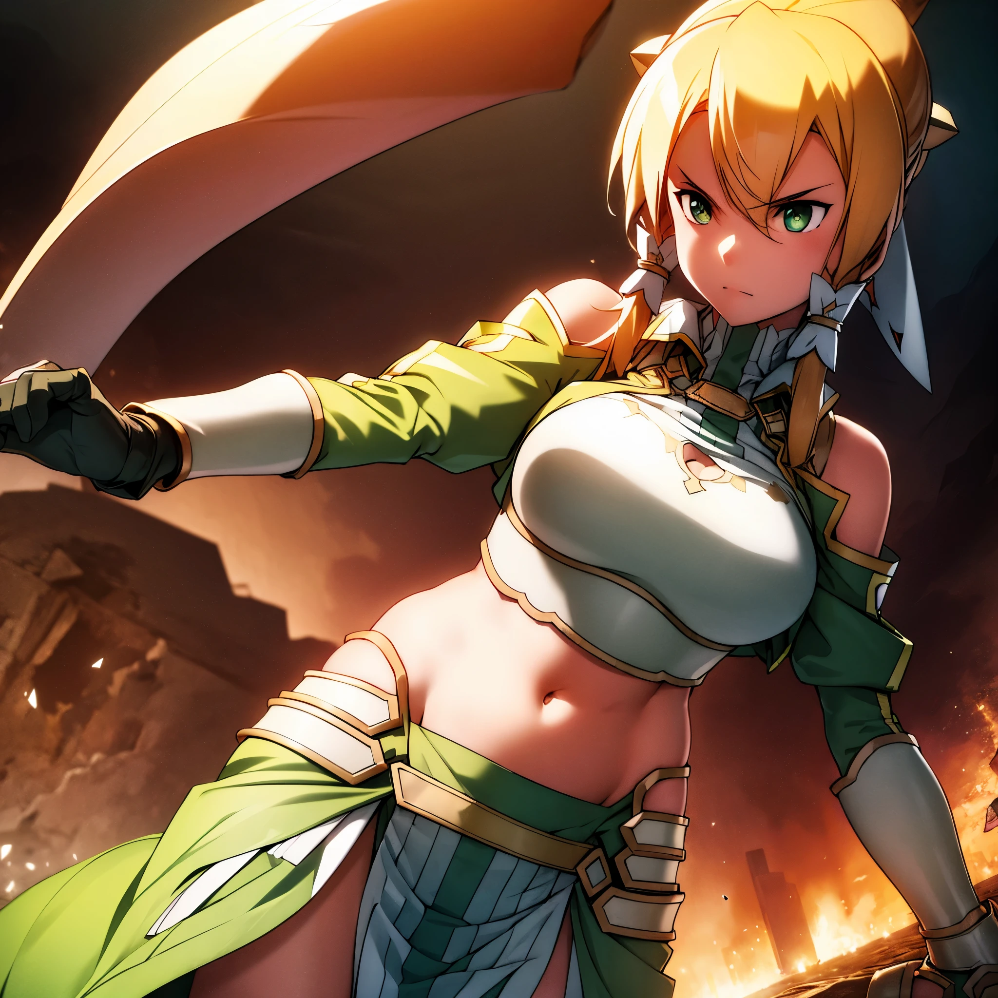 ((masterpiece)), ((best quality)), ((ultra realistic)), ((4K)), curvy, tall, mega breasts, belly, femdom, queen,belly button, shot from below, beautiful blonde hair, beautiful green eyes, having a long sword, super real skin, killing enemies, reflecting blood on the whole body, cut off enemies head, bloody breasts, slashing swords, kill enemies, defeats enemies, bloody swords, angry