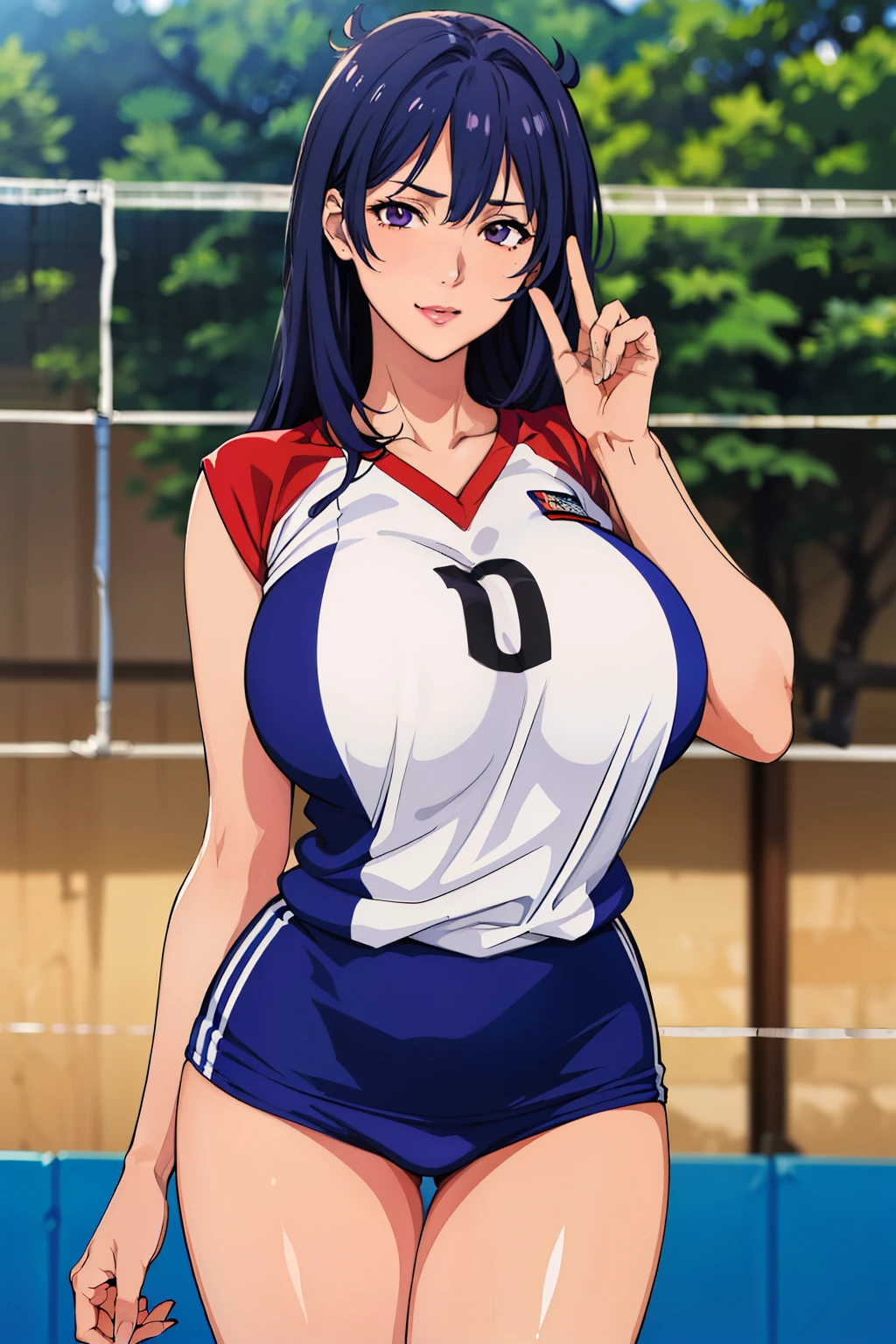 showing her armpits, (voleyball t-shirt), (voleyball short pants), volleyball court background, NJAkiV4, oda non style, anime cels style, smiling, (lipstick), purple eyes, (long hair), best quality, high resolution, (cowboy shot, 1 girl, 30yo,Young female,Beautiful Finger,Beautiful long legs,Beautiful body, Beautiful Nose,Beautiful character design, perfect eyes, perfect face,expressive eyes, perfect balance, looking at viewer,(Focus on her face), official art,extremely detailed CG unity 8k wallpaper, perfect lighting,Colorful, Bright_Front_face_Lighting,White skin, (masterpiece:1.0),(best_quality:1.0), ultra high res,4K,ultra-detailed, photography, 8K, HDR, highres, absurdres:1.2, Kodak portra 400, film grain, blurry background, bokeh:1.2, lens flare, (vibrant_color:1.2),professional photograph, (Beautiful,huge_Breasts:1.4), (beautiful_face:1.5),(narrow_waist)
