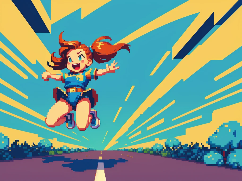 (best quality,4k,8k,highres,masterpiece:1.2),pixel art,girl jumping and running,colorful,retro style,dynamic movement,playful,energetic,smooth animation,expressive facial features,pixilated environment,80s video game style,vibrant colors,overlapping layers,cheerful mood,bouncing motion,jumping platform,excitement,action-packed,fast-paced,fluid animations,cute character design,playful background music,nostalgic aesthetics,memorable gaming experience,classic arcade game vibes,catchy sound effects,high score challenge,addictive gameplay,immersive pixelated world,adrenaline rush,satisfying jumps and landings,endless runner game mechanics,animated sprites,running speed increasing gradually,running through colorful obstacles,spritesheet animations,looping background,attention to detail,limited color palette,handcrafted artwork,retro gaming inspiration,retro pixel graphics,authentic pixel art style,artistic pixel placement,retro gaming enthusiasts,engaging visual style,effortlessly smooth transitions