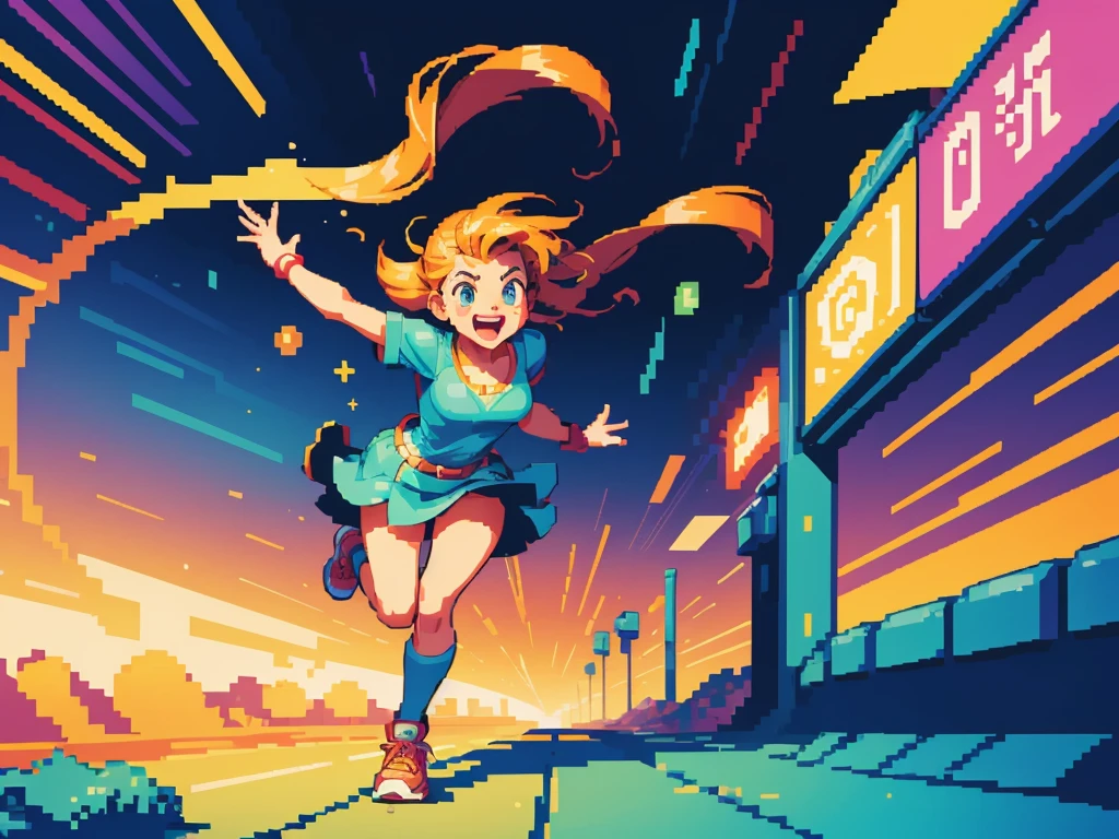 (best quality,4k,8k,highres,masterpiece:1.2),pixel art,girl jumping and running,colorful,retro style,dynamic movement,playful,energetic,smooth animation,expressive facial features,pixilated environment,80s video game style,vibrant colors,overlapping layers,cheerful mood,bouncing motion,jumping platform,excitement,action-packed,fast-paced,fluid animations,cute character design,playful background music,nostalgic aesthetics,memorable gaming experience,classic arcade game vibes,catchy sound effects,high score challenge,addictive gameplay,immersive pixelated world,adrenaline rush,satisfying jumps and landings,endless runner game mechanics,animated sprites,running speed increasing gradually,running through colorful obstacles,spritesheet animations,looping background,attention to detail,limited color palette,handcrafted artwork,retro gaming inspiration,retro pixel graphics,authentic pixel art style,artistic pixel placement,retro gaming enthusiasts,engaging visual style,effortlessly smooth transitions